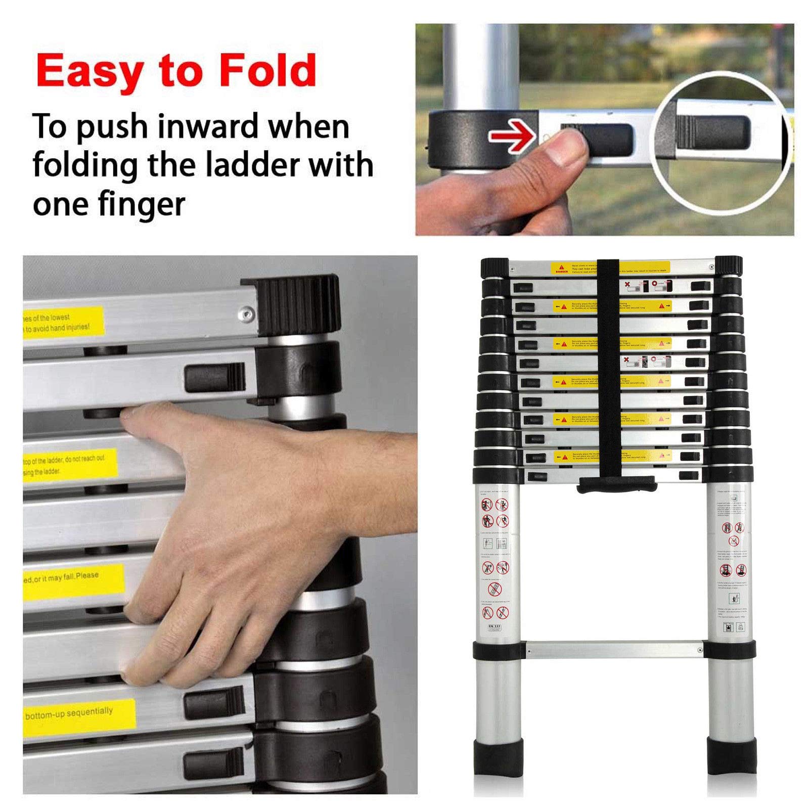 Escalera telescópica de aluminio de 12.5 pies, profesional, plegable, multiusos, con cierre de resorte, ideal para uso diario o de emergencia, capacidad de 300 libras