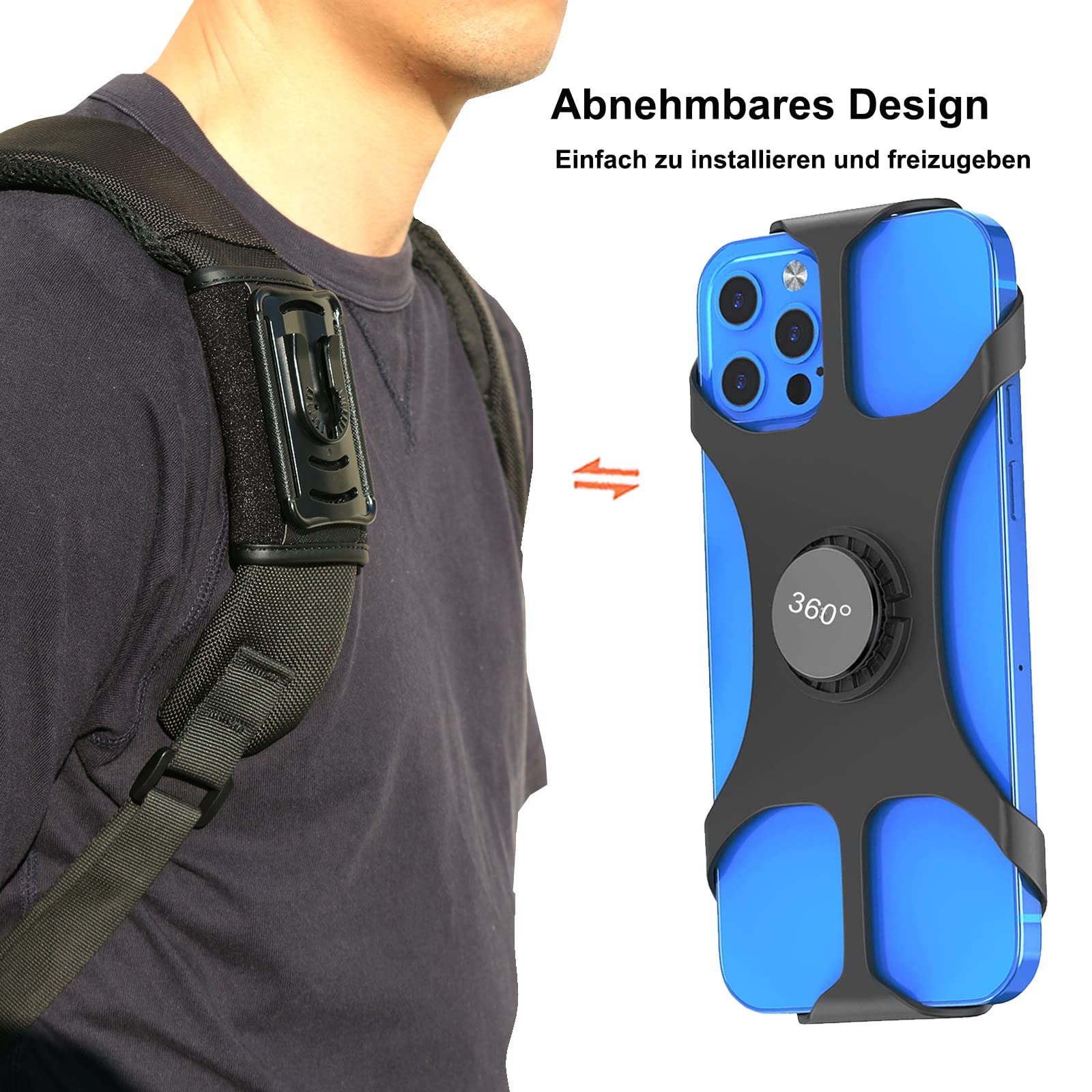 HEZEN Handyhalter Rucksack, Rucksack-Klemmhalter für Handy, Rucksackgurt-Clip für Handy mit abnehmbarer Passform, Wandern/Klettern/Outdoor