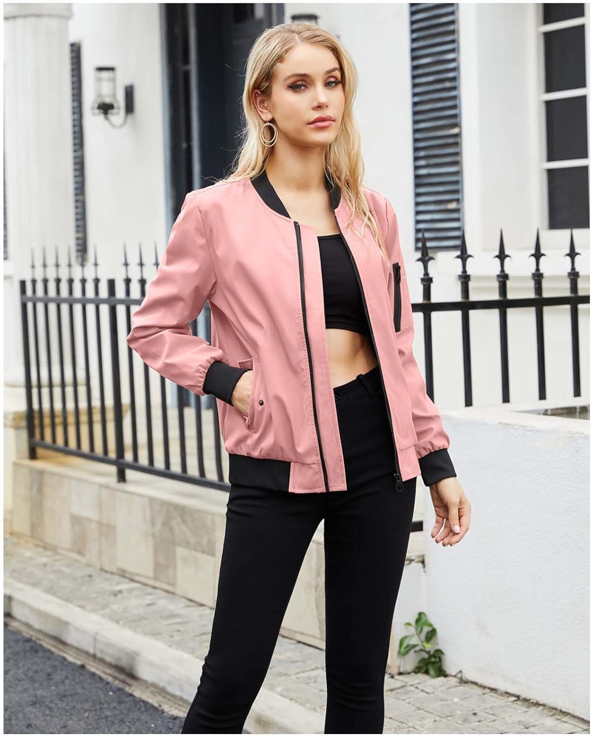 MLAFE Women's Lightweight Bomber Jacket - Y2K Varsity Baseball Jacket, Zip-Up Stand Collar Long Sleeve Casual Outerwear - Image 4