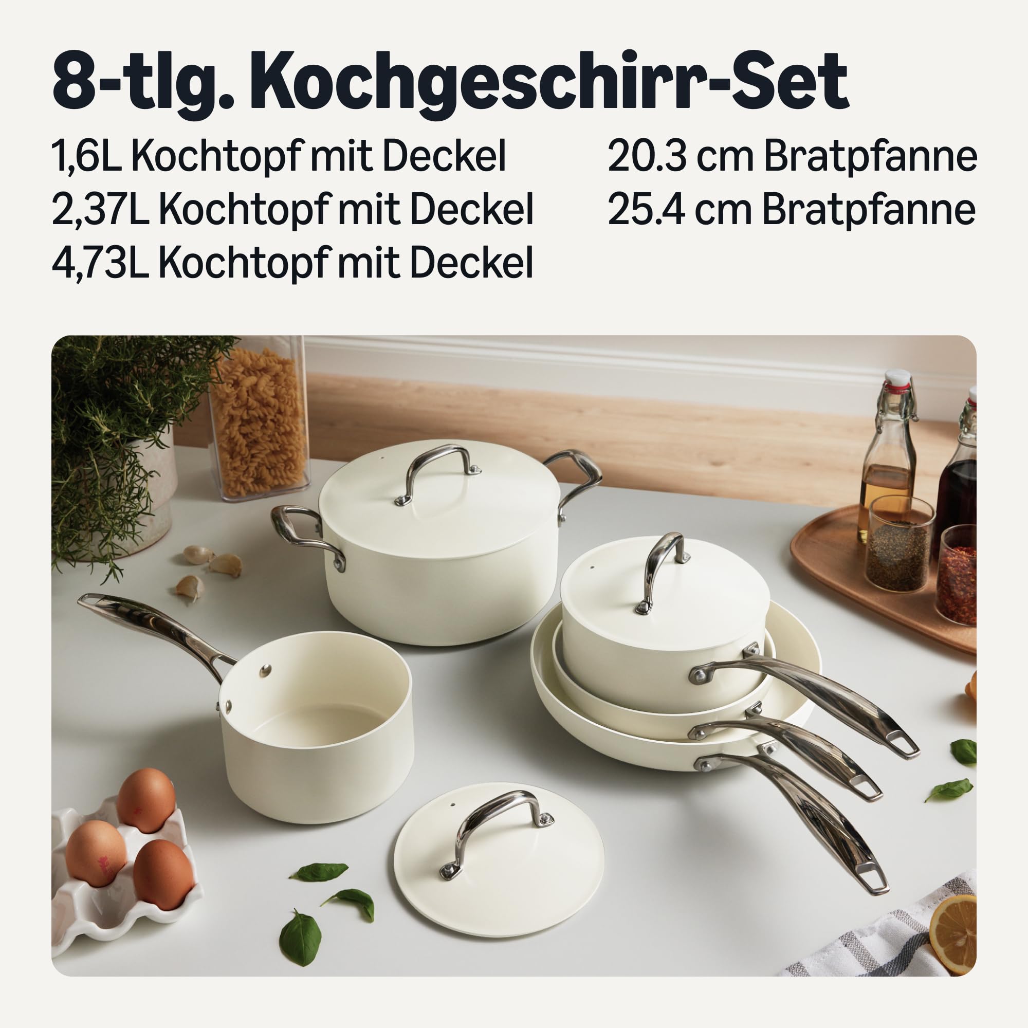 Amazon Basics Antihaft-Keramikkochgeschirr, 8-Teiliges Topf- und Pfannenset, Spülmaschinen- und Ofenfest, Für alle Herdarten geeignet, Elfenbeinfarben
