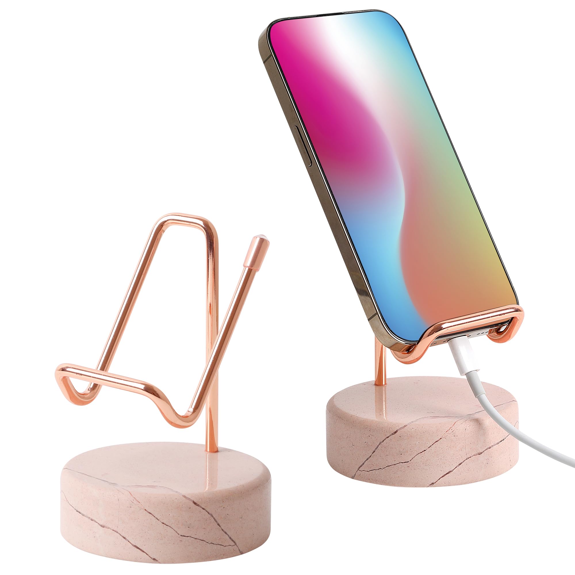 Photo 1 of TransMarble Marble Phone Stand with Metal Holder, Charging Available While Using, Swipe Up to Unlock, Made of Natural Marble as Business Card Holder for Office Desk (Rose Pink + Rose Gold)