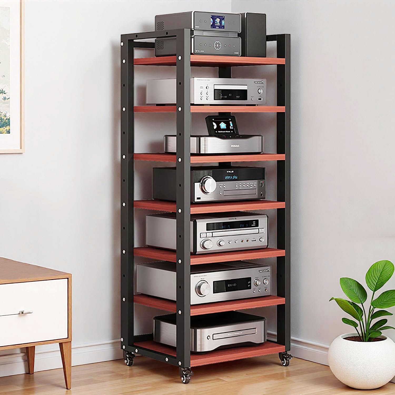 Photo 1 of XEOKXOIT 7 Tier AV Media Stand, 55in Audio Rack Tower Stereo Components Cabinet, Home Theatre CD Record Player Stereo Receiver Equipment Rack with Adjustable Wood Shelves, Load 400lbs (Teak Brown)