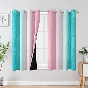 Estelar Textiler Pink and Teal Blackout Curtains 45 Inch Length, Full Light Blocking Gradient Drapes for Kitchen, Thermal Insulated Grommet Ombre Curtains for Bathroom, 52Wx45L, 2 Panels