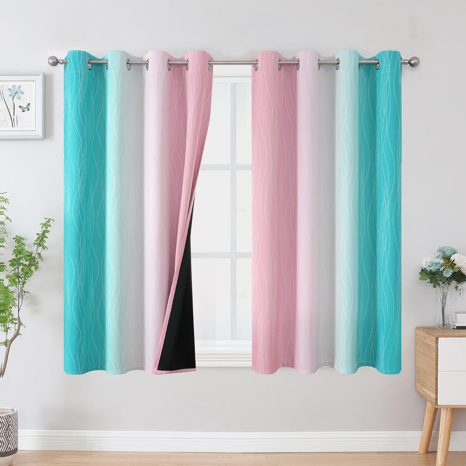 Estelar Textiler Pink and Teal Blackout Curtains 54 Inch Length, Full Light Blocking Gradient Grommet Drapes for Living Room, Thermal Insulated Ombre Curtains for Bathroom, 52Wx54L, 2 Panels