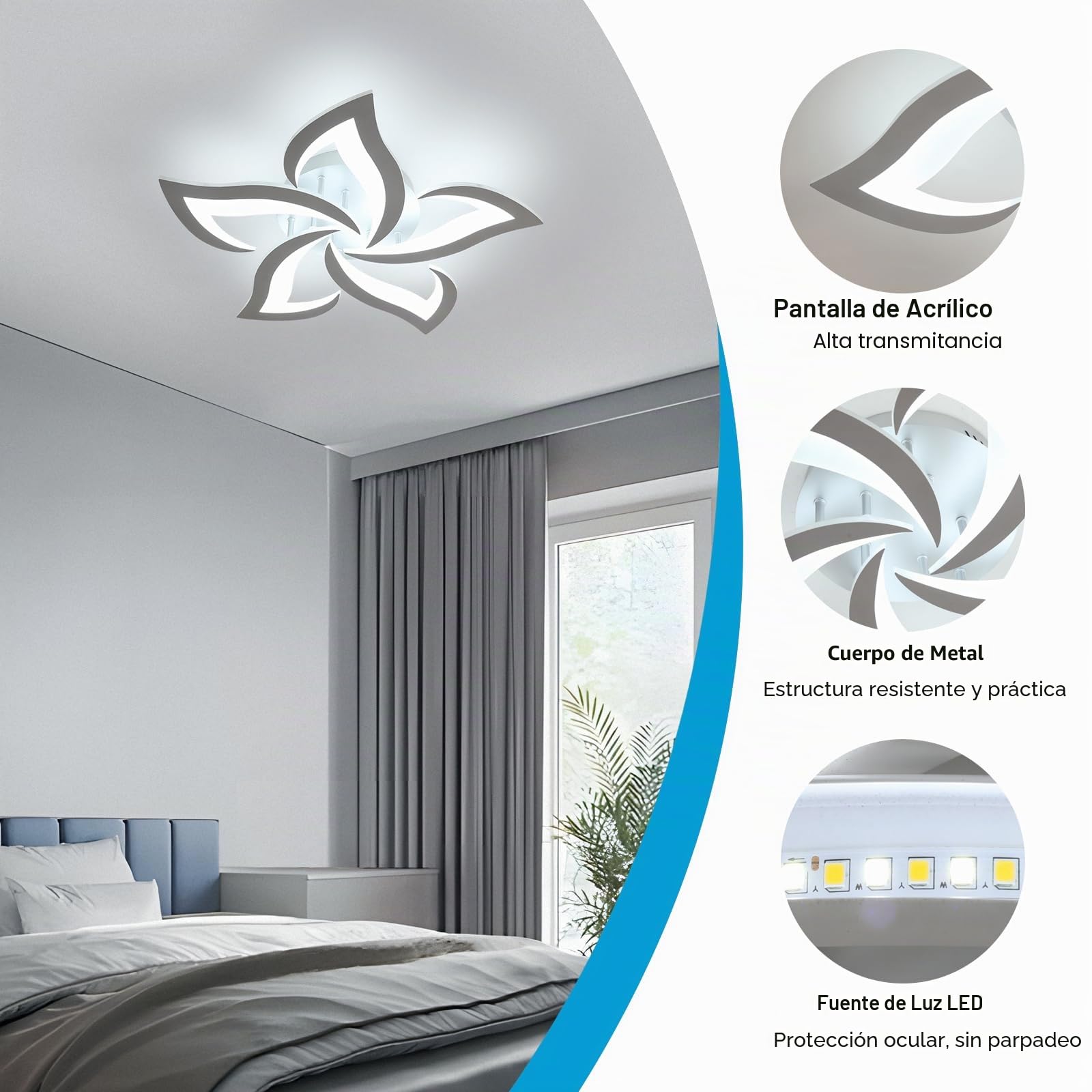 Moderna Lámpara de Techo, 60W Plafon Led Techo | Blanco frío 6500K, Luz de Techo Plata Diseño Forma de Flor Para Salon Dormitorio Comedor Cocina, 58cm