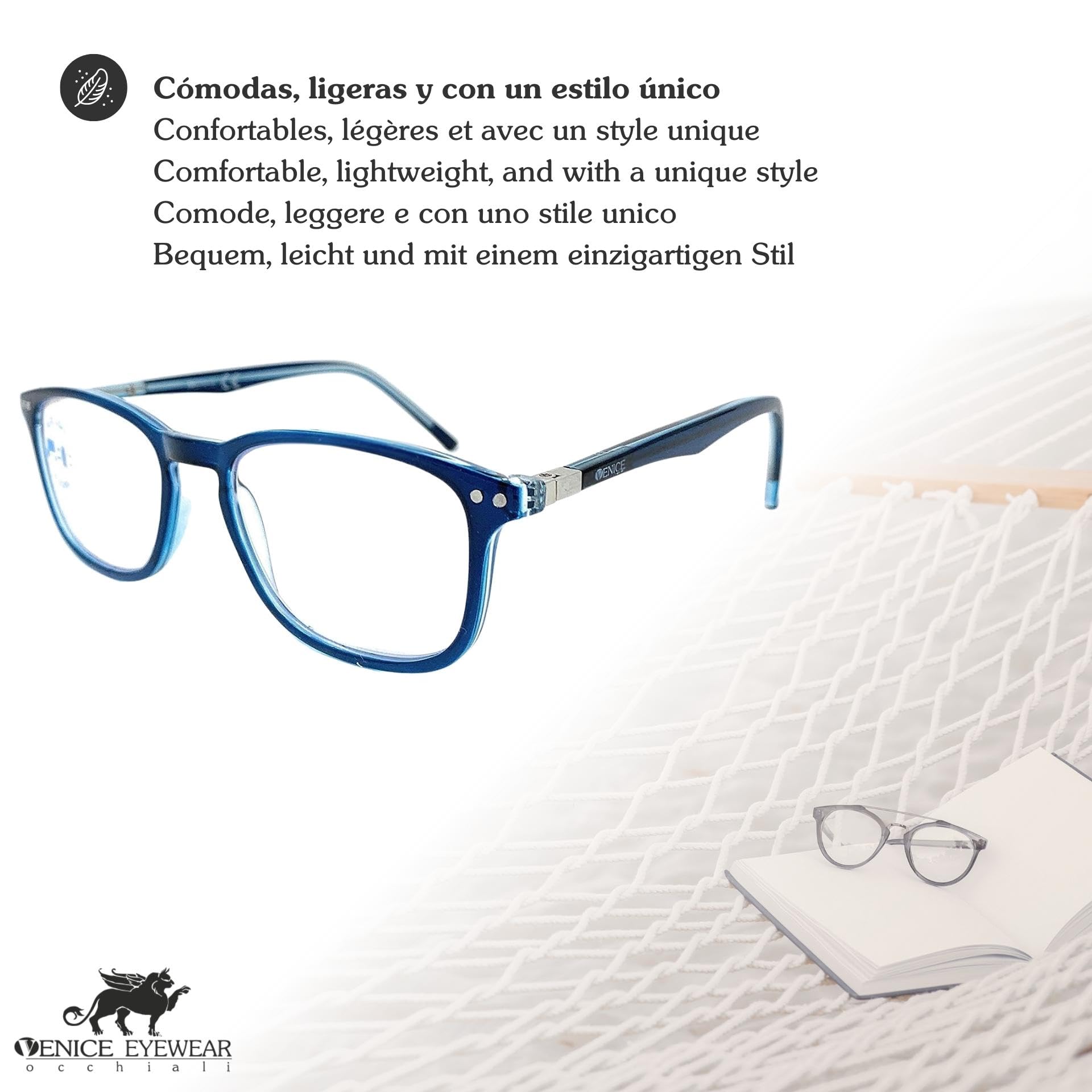 VENICE EYEWEAR OCCHIALI | New Model 2021 Gafas de lectura con filtro bloqueo de luz azul para gaming, ordenador, móvil. Anti fatiga professional unisex venice (Azul con Blue blocking, 3.00)