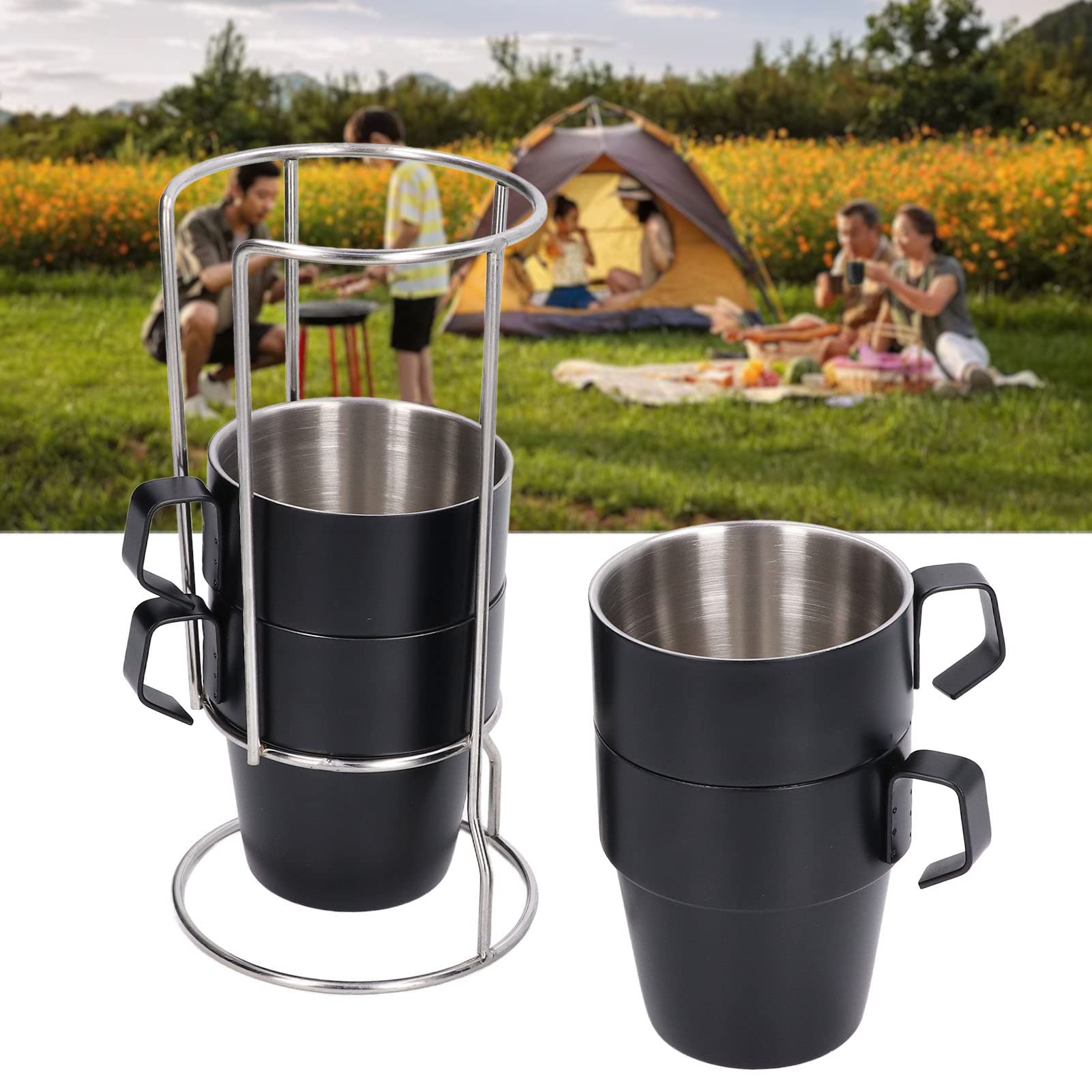 Wisecoco 4 Unids/Set 300ml Taza De Café para Acampar, Taza De Café De Acero Inoxidable Aislamiento Térmico Grueso Taza De Café Al Vacío De Doble Capa Taza De Agua Portátil