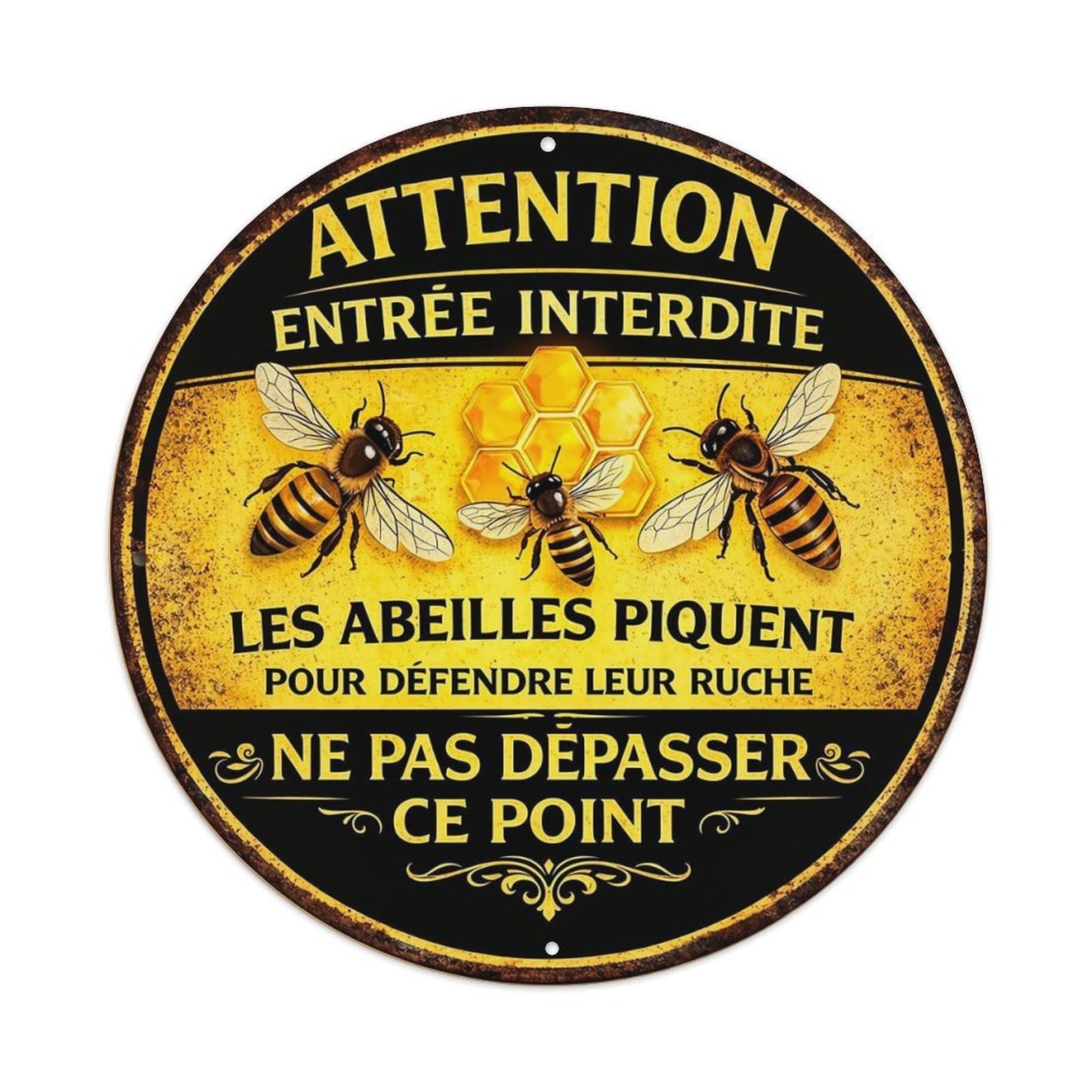 Attention Bees Sting Honeycomb Warning Sign Vintage Round Tin Sign Retro Metal Wall Decor Metal Poster, Home Bar Garage Cafe Wall Art Decoration 8x8Inches