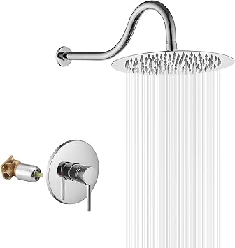 Chrome Shower Faucet GGStudy Single Function Shower Trim Kit with Rough-in Valve Shower Set Bath Rainfall Shower Faucet System 10 inch Round Stainless Steel Metal Shower Head