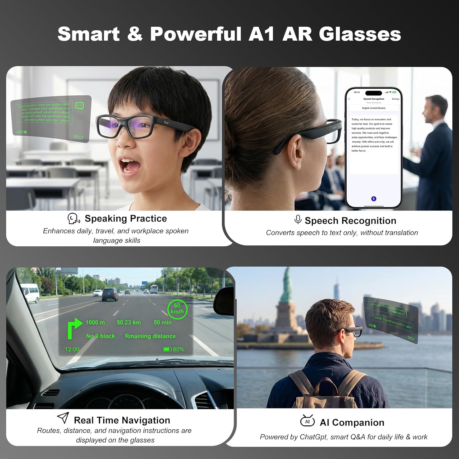 A1 Smart Glasses with Subtitle Display, AI AR Glasses Translation Device 110 Languages, Offline Language Translator Device, Photo & Call Translation for Travel, Business & Meetings