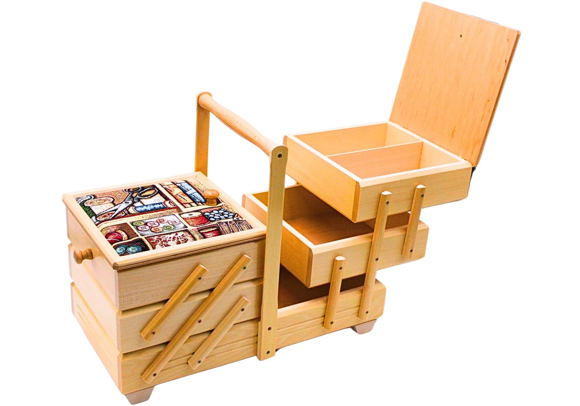 Costurero en madera contrachapada con 7 compartimentos y funda de tela, diseño de aguja en color natural, 42 x 20 x 21 cm