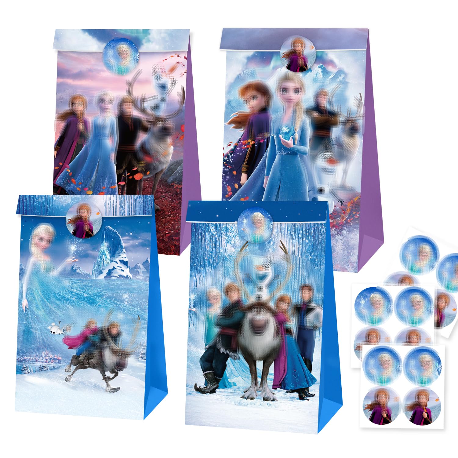 12 Pcs SnowFrozen Party Bags Paper (With 12 Theme Stickers), Birthday Gift Bag, Birthday Party Supplies — image 1
