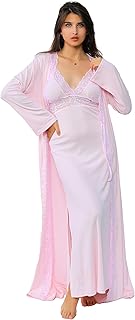 قميص نوم كامل للنساء من دعدوش - روب نوم للنساء مكون من قطعتين - ثوب نوم من البوليستر الناعم مع تطريز أنيق على الصدر - عباية ماكسي مطرزة نسائية