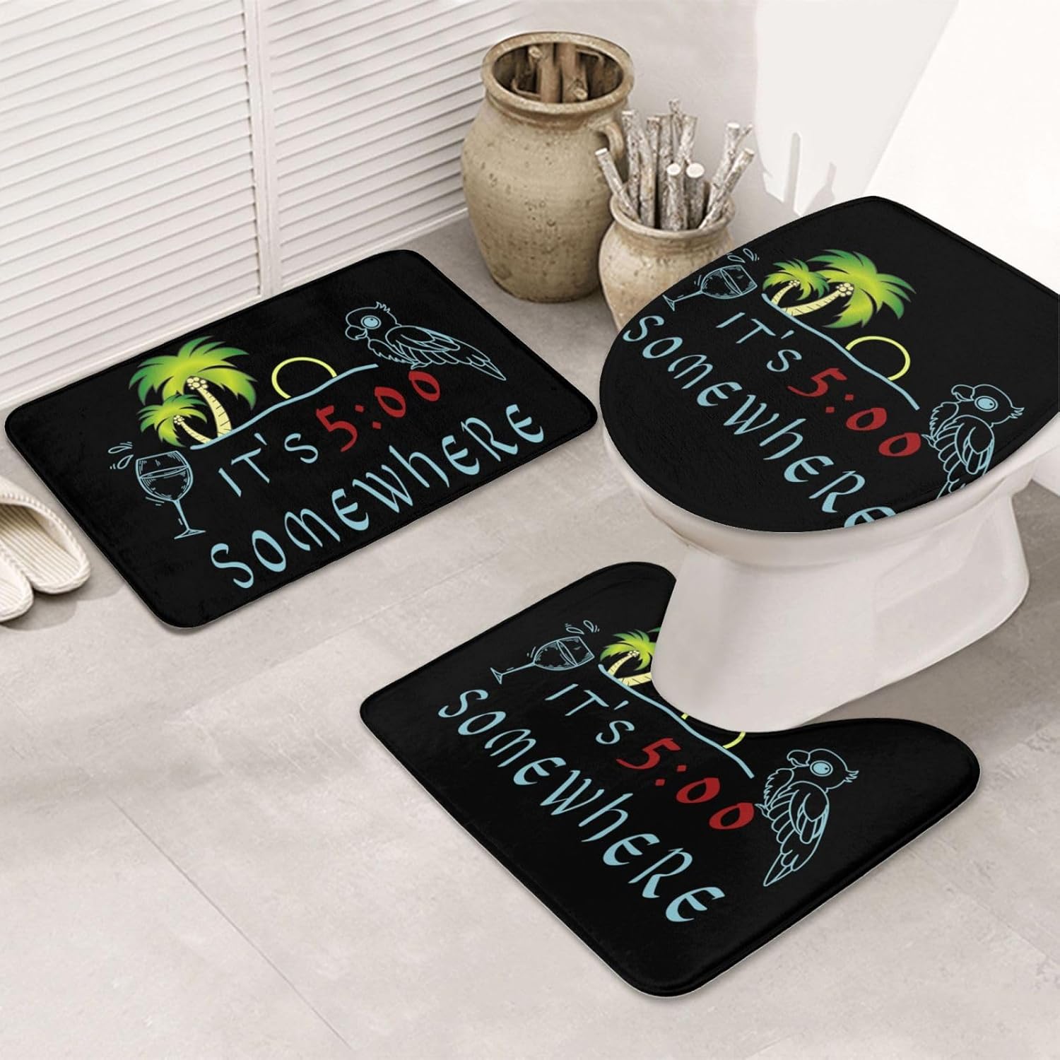 3 Pcs Bathroom Rugs Sets, Non Slip & Quick Dry Bath Mat, Ultra Soft It's 5 O'Clock Somewhere Flag Novelty Party Bath Rugs and Toilet Lid Cover for Bathroom