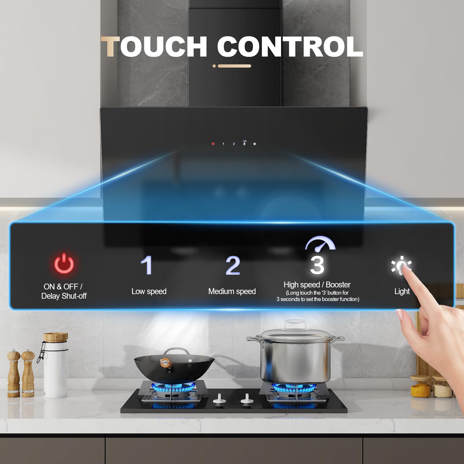 Cooker Hood 60cm, TopStrong Extractor Fan Kitchen, Wall-Mounted Extractor Hood, A+++ Kitchen Hood, 450 m³/h, Touch Control, 3 Speed + Booster, Recirculating & Ducting System, Black - 4