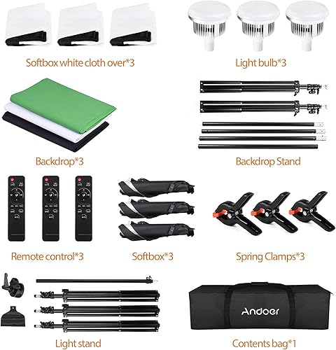 Miniatura 7 de Andoer Kit de iluminación fotográfica con fondos, caja de luz LED 2800K-5700K 85W, sistema de soporte de fondo de 6.5 x 10 pies, kit de iluminación