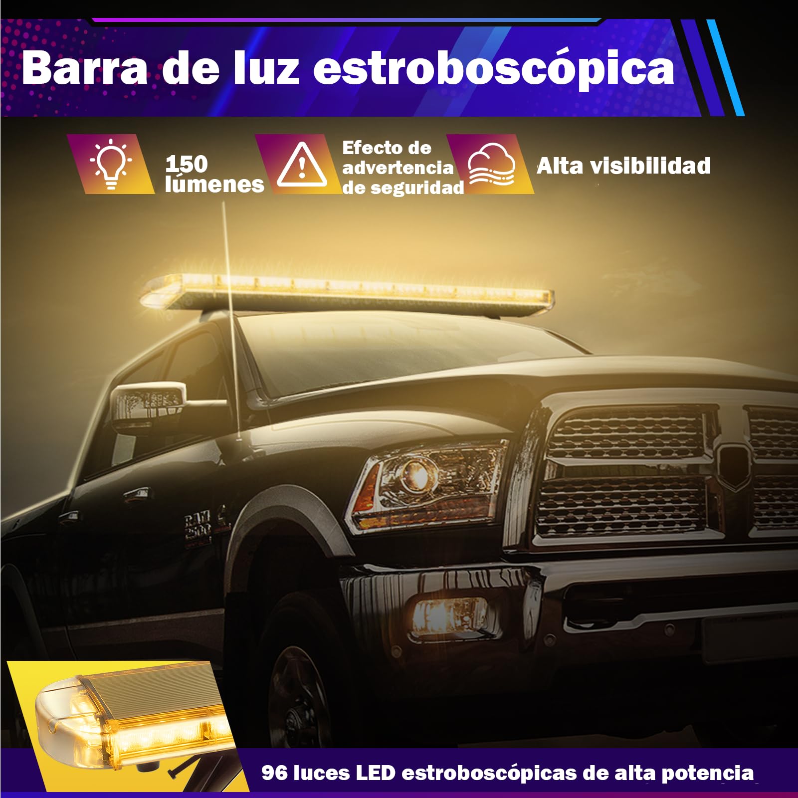 Luz LED de advertencia intermitente de 130 cm – 96 ledes 3000 K 3000 K barra de luz para coche 12 – 24 V intermitente de emergencia, quitanieves, barra de luz IP65 con cable de 3,8 m