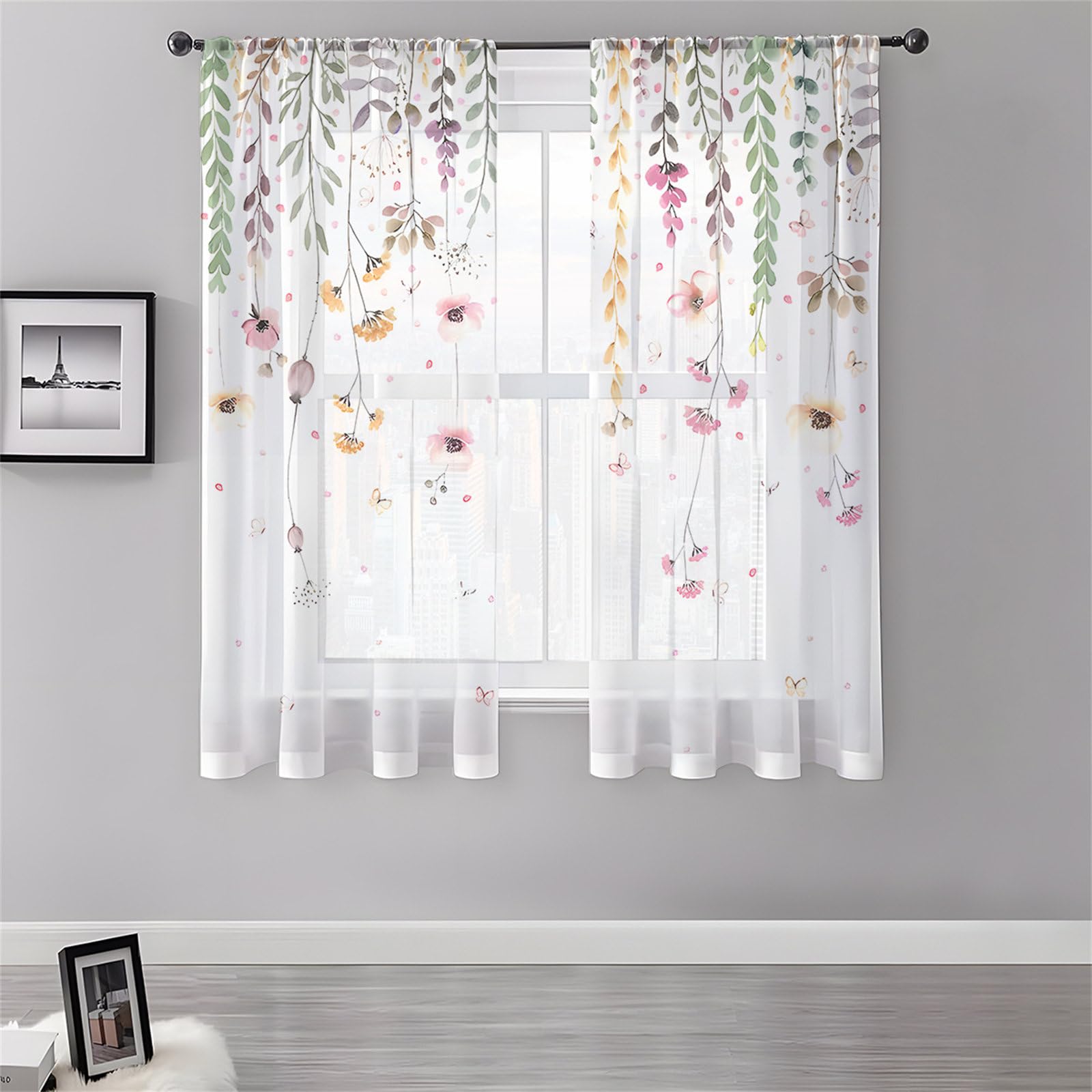 Surwin Net Curtains for Windows, Voile Curtain, 2 Panels Floral Plant Prints with Eyelets, Semi Transparent Lightweight Voile Panel for Living Room Bedroom Balcony Decorative (Carnations,130x213cm)