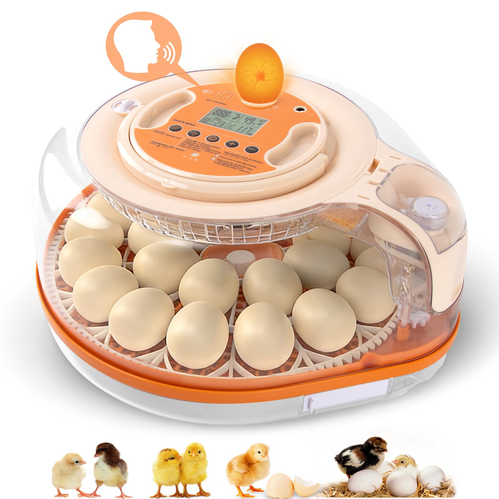 Incubadora controlada por voz para incubar huevos, 2 bandejas de huevos para 26 huevos de pollo o 59 huevos de codorniz, incubadora de huevos con giro automático de huevos y control de humedad