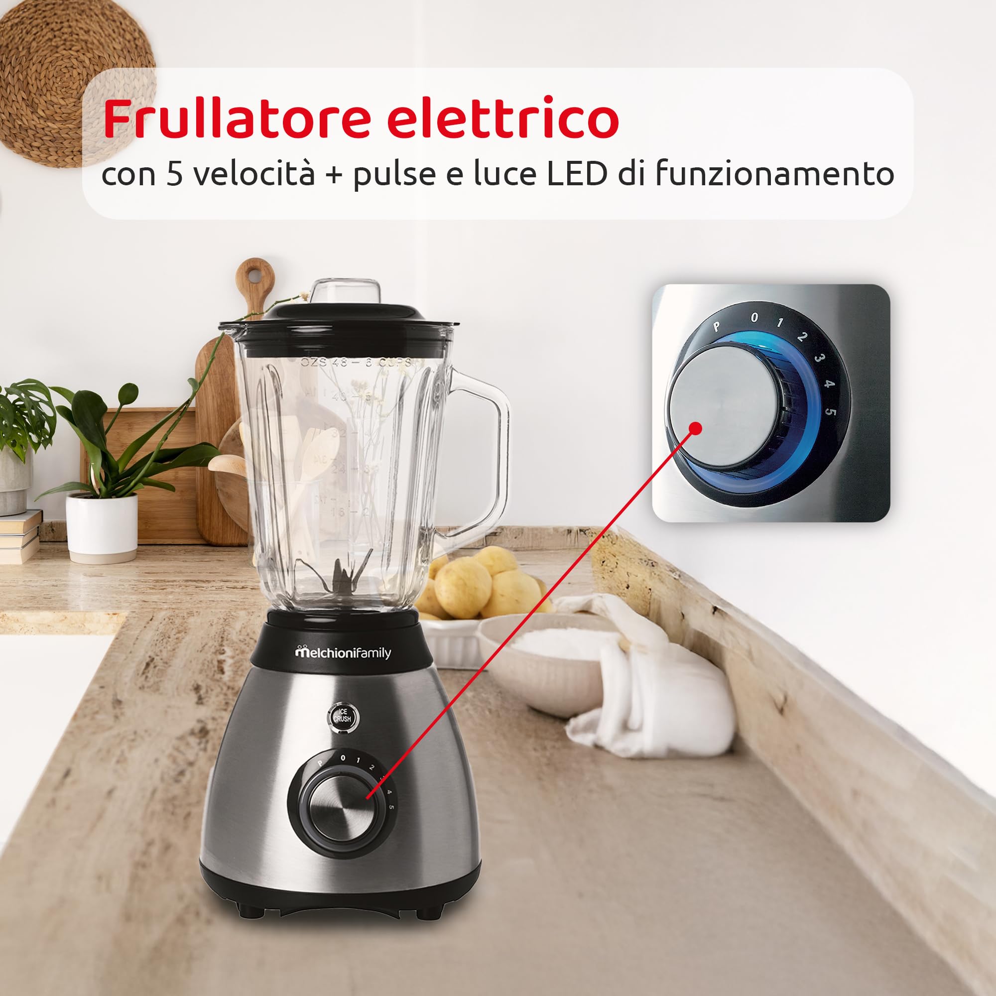Melchioni Family | Frullatore Elettrico 600W con Caraffa in Vetro da 1,5L e 6 Lame in Acciaio Inossidabile - Versatile, Potente e Facile da Usare