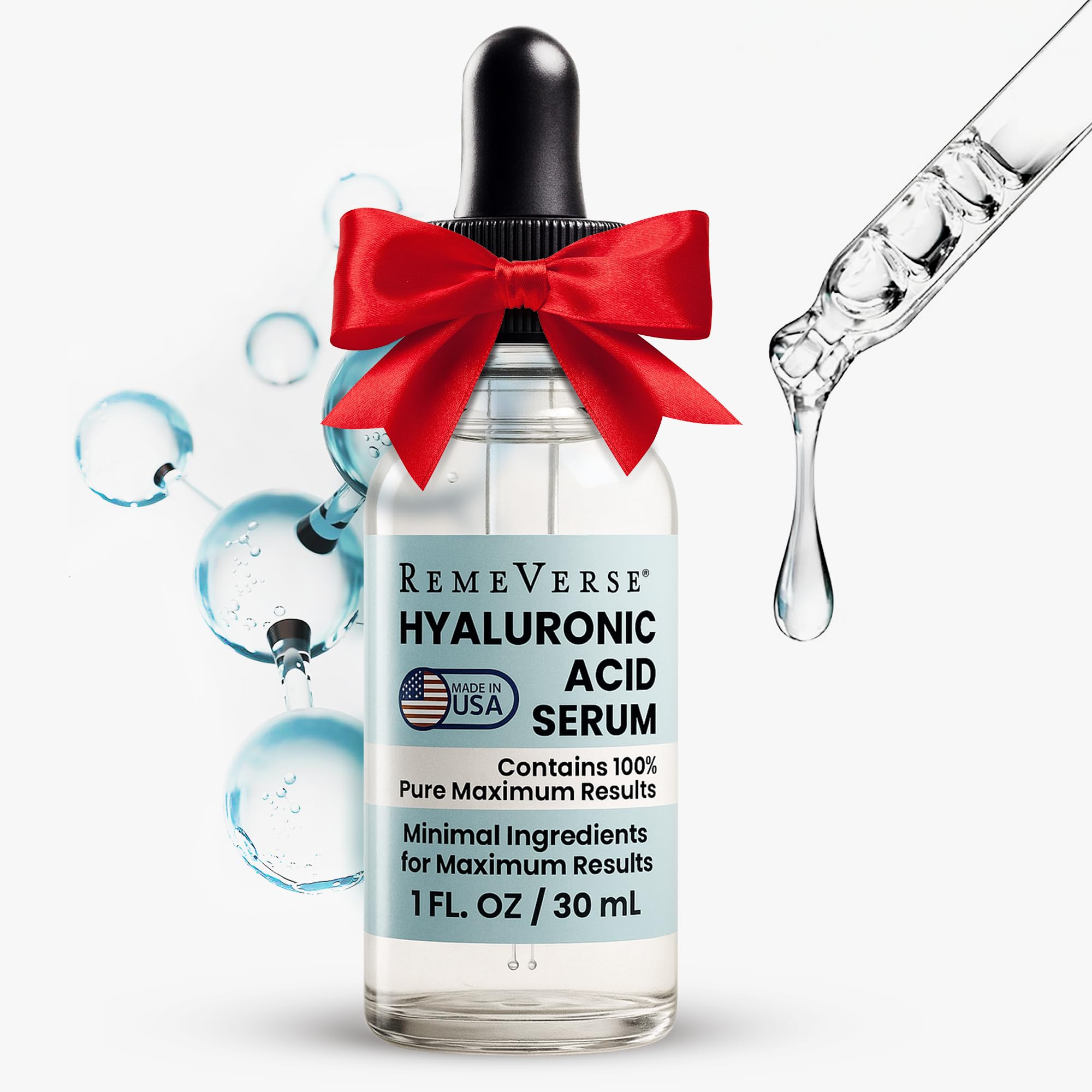 RemeVerse Hyaluronic Acid Serum - 100% Pure Formulation for Face, Lips & Décolleté - Intense Moisture for Dry Skin & Fine Lines - Wrinkle-Reducing Formula for a Youthful & Plump Appearance, 1 oz