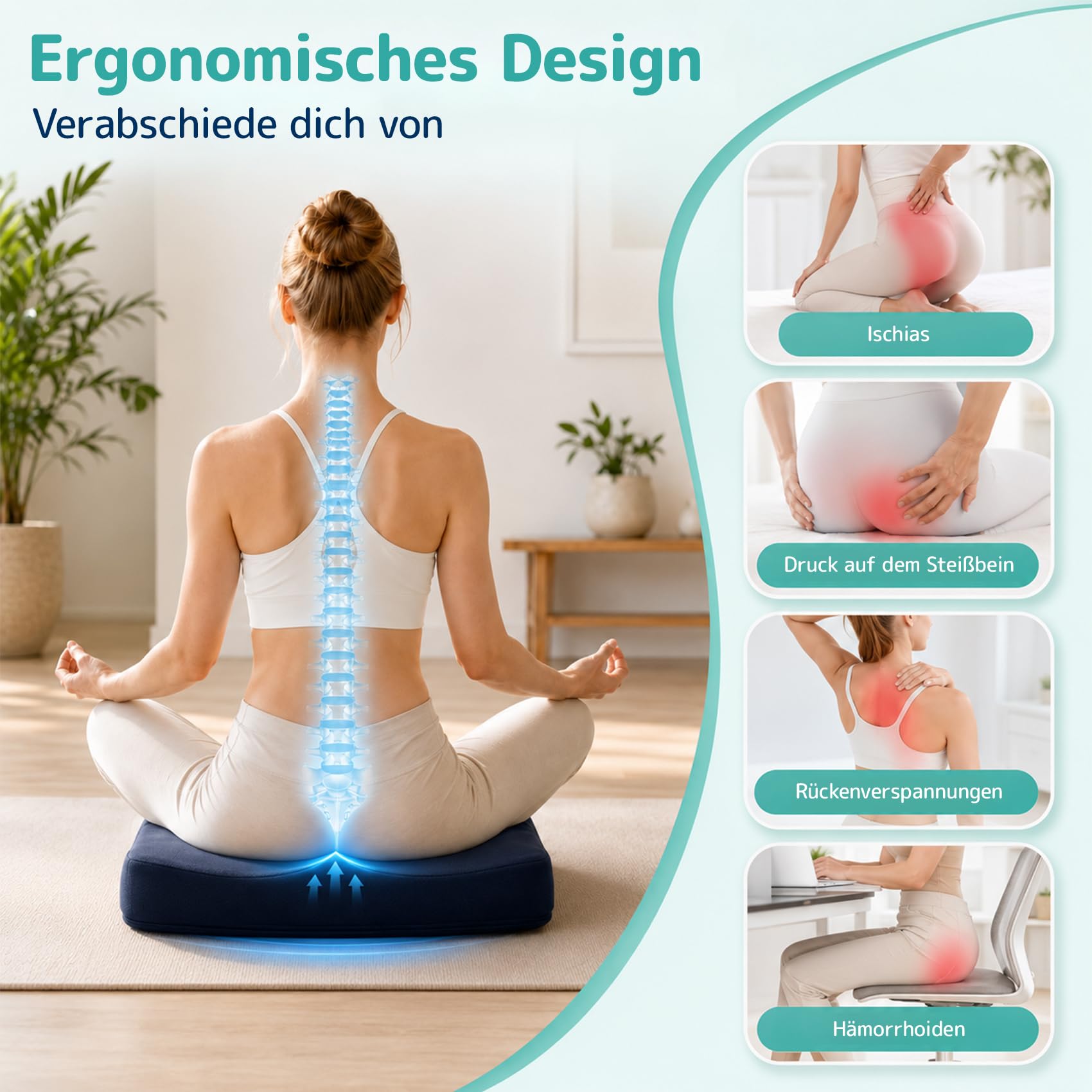 Hämorrhoiden Sitzkissen mit Kühlgel,orthopädisches Steißbeinkissen Anti-Dekubitus,45D Memory Foam gegen Bandscheibenvorfall