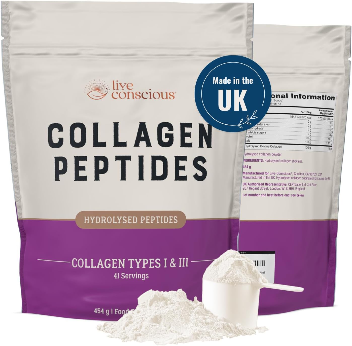 Collagen Peptides Powder - Grass-Fed Hydrolysed Collagen Powder Supplement - Type I and III Unflavoured for Women and Men - 41 Servings - 454g