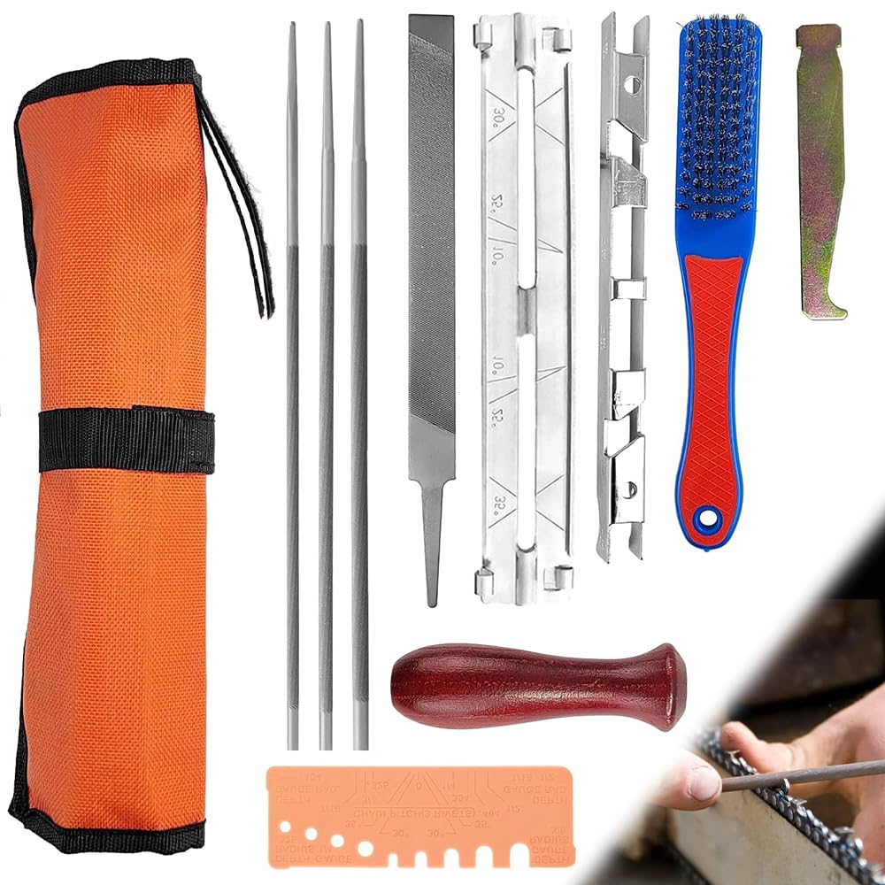 Kettensägen 11-Teiliges Set Schärffeilen Kit, Universelles Feilenkit zum Schärfen von Sägeketten Kettensäge Schärfgerät Enthält Rundfeile Schärfführungen Tiefenmesser Flache Feile Leichte Feld