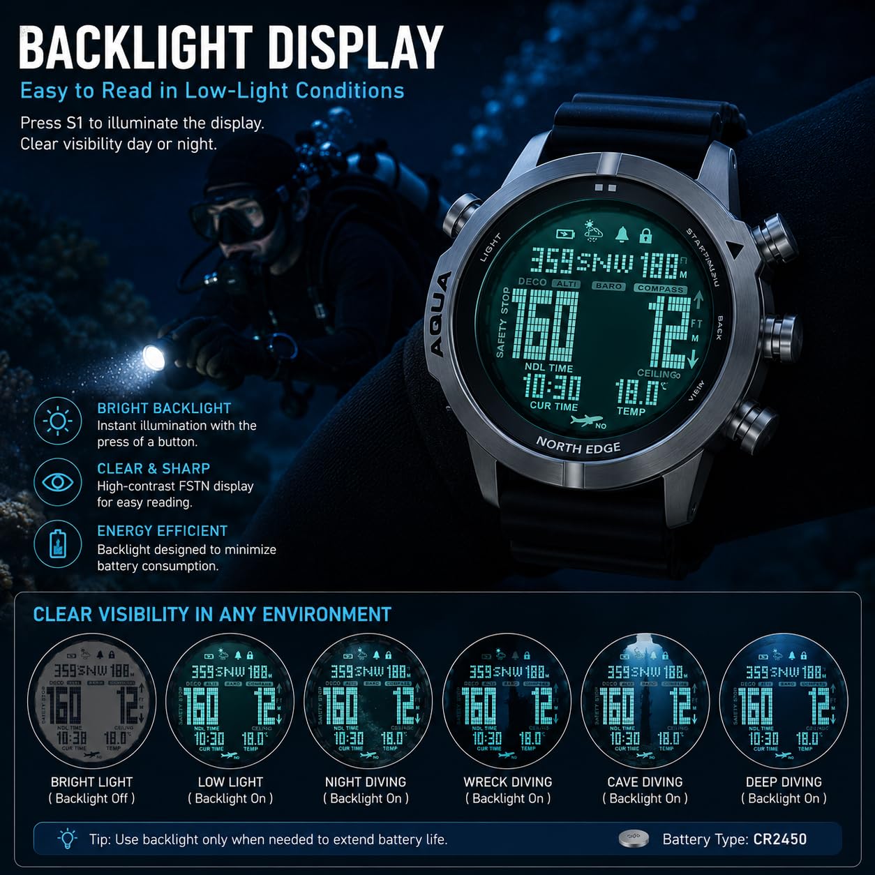 NORTH EDGE Aqua Montre d'ordinateur de plongée Professionnelle pour Homme Plongée sous-Marine 50M Montres de plongée avec Journal de plongée Altimètre Baromètre Boussole