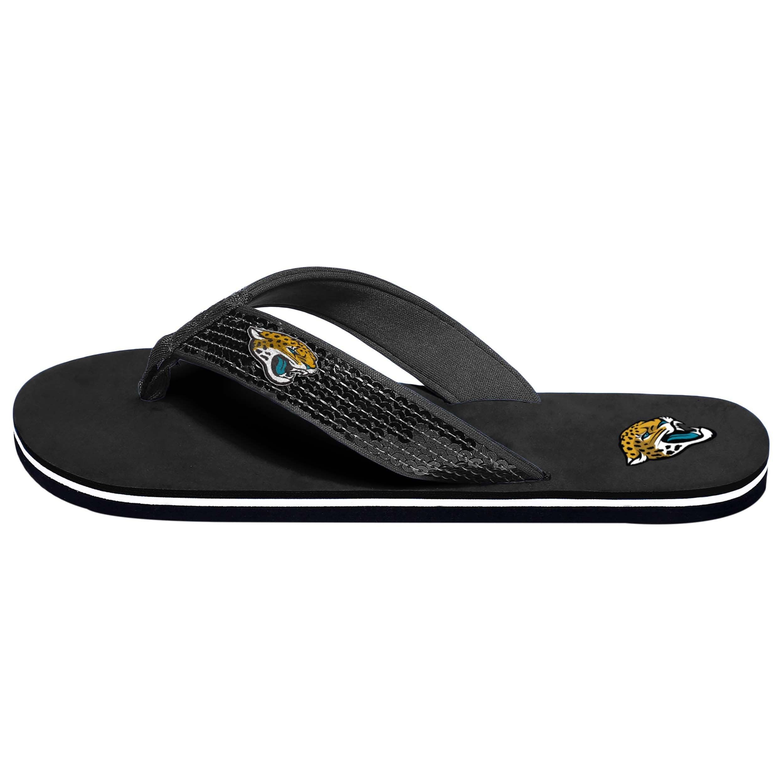 FOCO Womens NFL Team Logo Sequin Strap Sandals Flip Flops