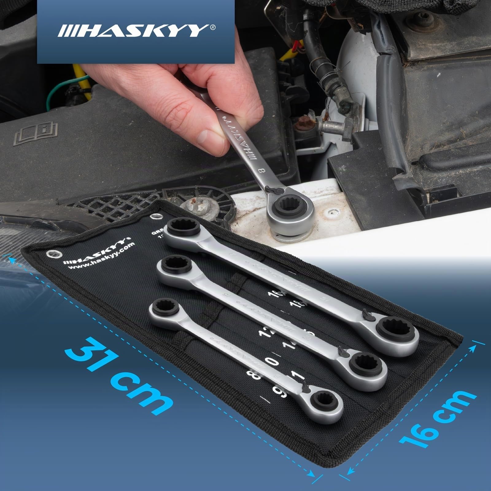 HASKYY Jeu de 3 clés à cliquet doubles SW 8-19 mm dans étui système I 8-10 x 9-11 I 12-13 x 14-15 I 16-17 x 18-19 Jeu de clés polygonales plates