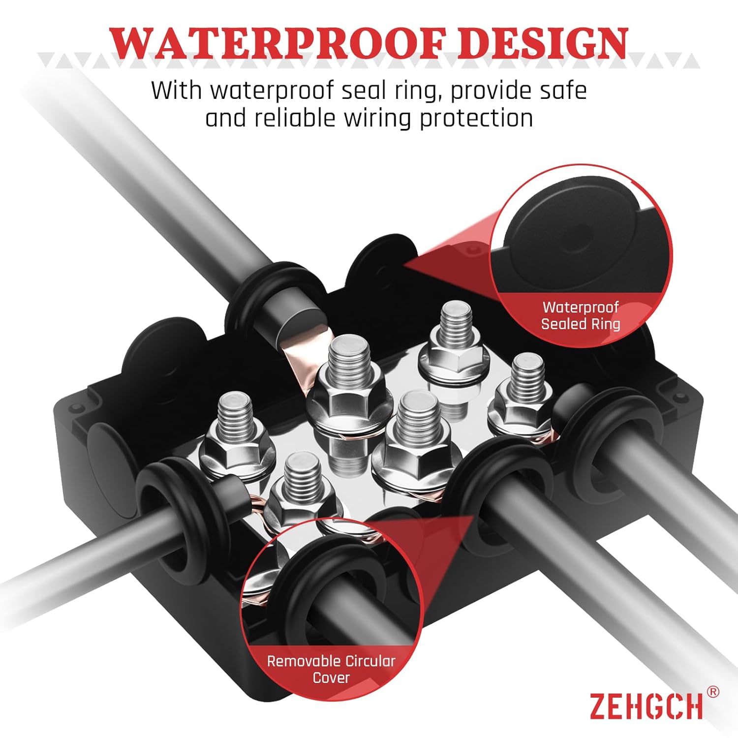 500A Bus Bar - ZEHGCH Weather Proof Power Distribution Block with 4 * 5/16"(M8)+2 * 3/8"(M10) Studs 48V DC - Heavy Duty Automotive Marine Battery Terminal Blocks with Cover - Negative&Positive