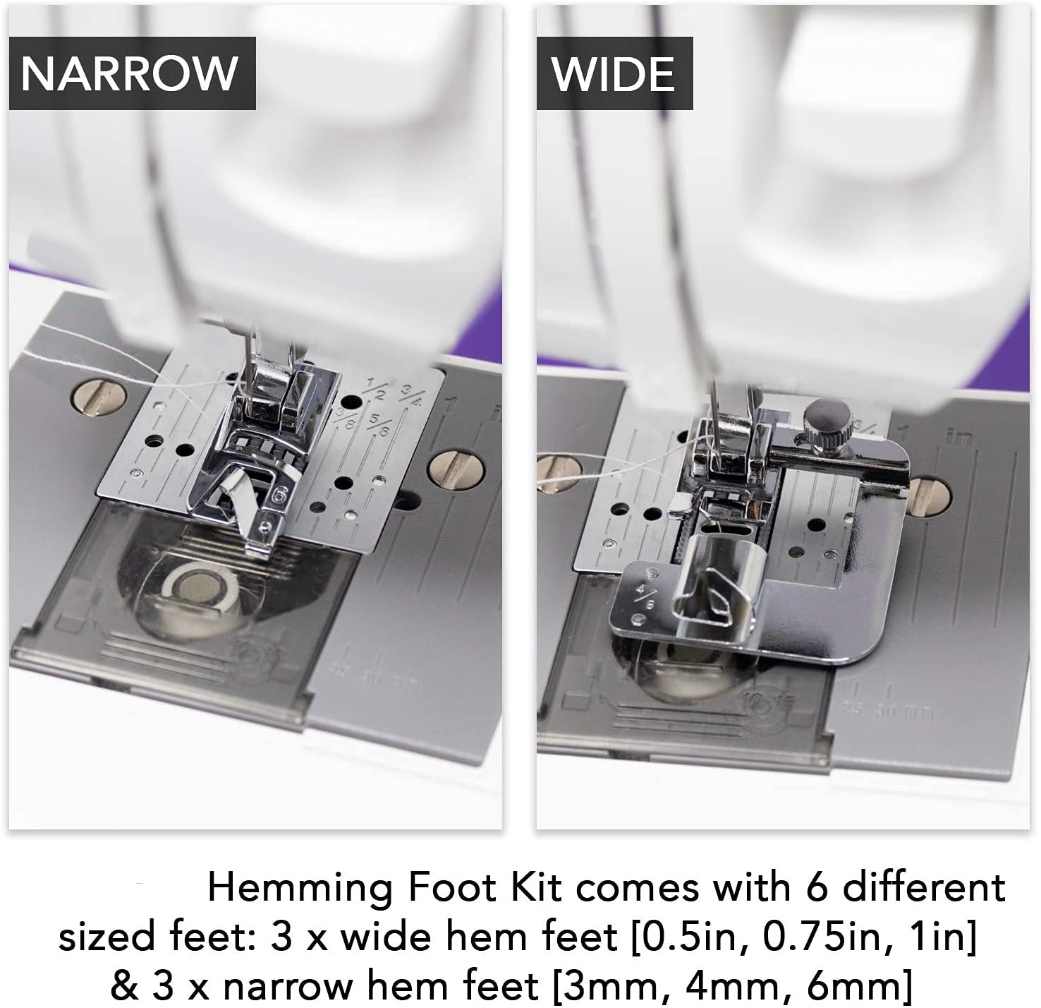 Syga Rolled Hem Presser Foot-6 Sizes 3 Wide Rolled Hem Foot -4/8, 6/8, 8/8Inch & 3 Narrow Foot Hemmer Set -3/4/6mm Hemming Presser Feet Set of 6, Stainless Steel — Amazon image 3
