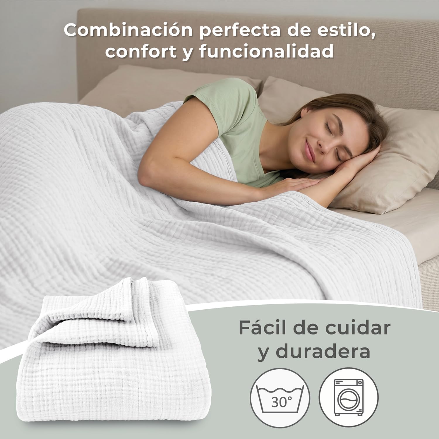 LAYNENBURG Colcha de Muselina Premium 220 x 240 cm - 100% algodón - Manta de algodón Extra Suave como Manta acogedora, Manta de Cama, Manta de sofá, Manta de sofá (Blanco)
