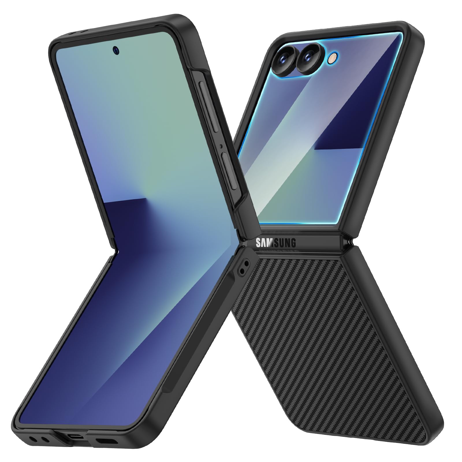 Ruky for Z Flip 7 Case, with Built-in Back Screen Protector, Carbon Fiber | Support Wireless Charging, Anti-Scratches Shockproof Hard PC Ultra-Thin Phone Case for Samsung Galaxy Z Flip 7, Carbon Fiber