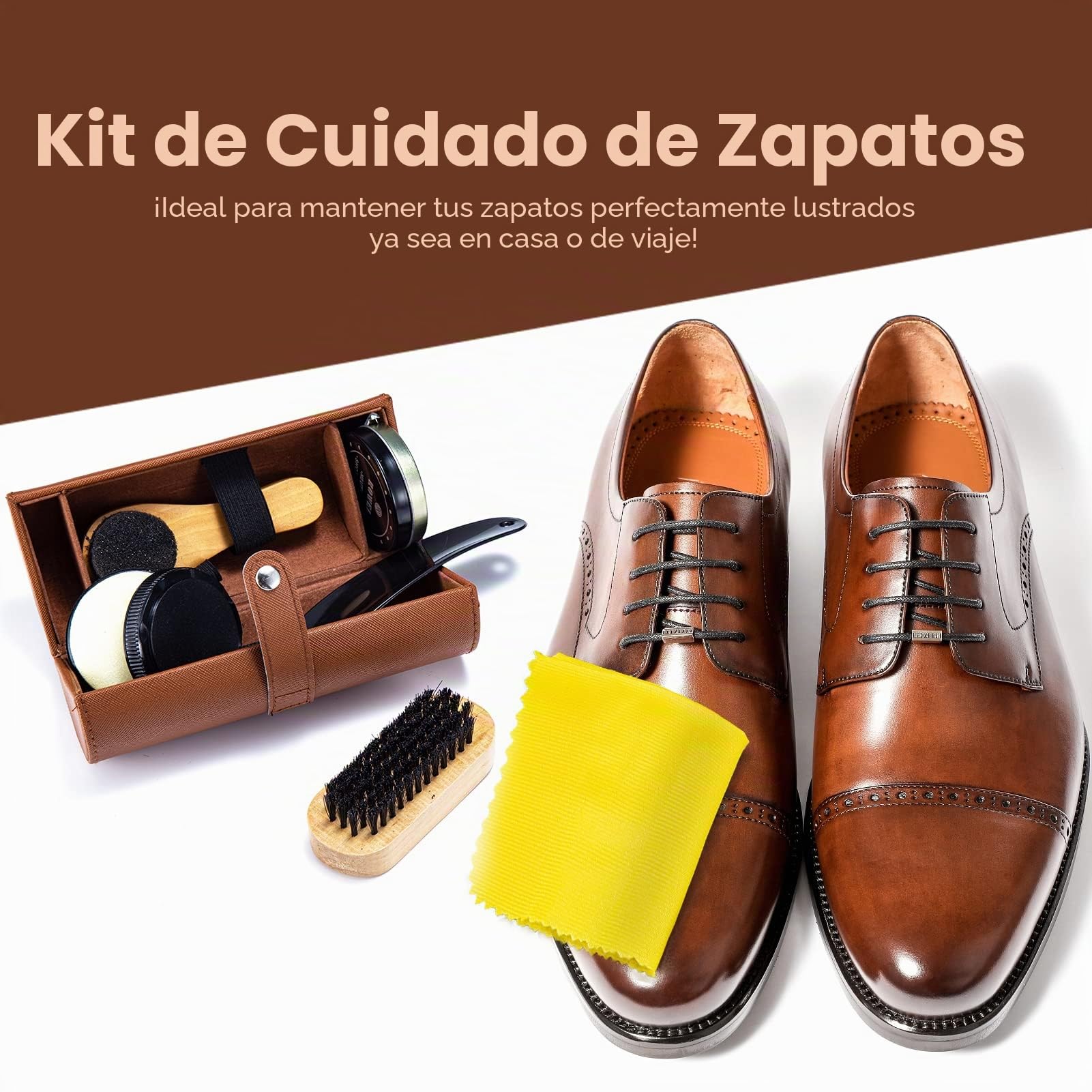 YUET Kit de Limpieza de Zapatos para Cuidado de Cuero Marrón y Negro con Cepillo de Pulido, 7 Piezas Estuche de Viaje de Lujo Premium Suave Cerdas de Crin, Shoe Polish & Care Kit