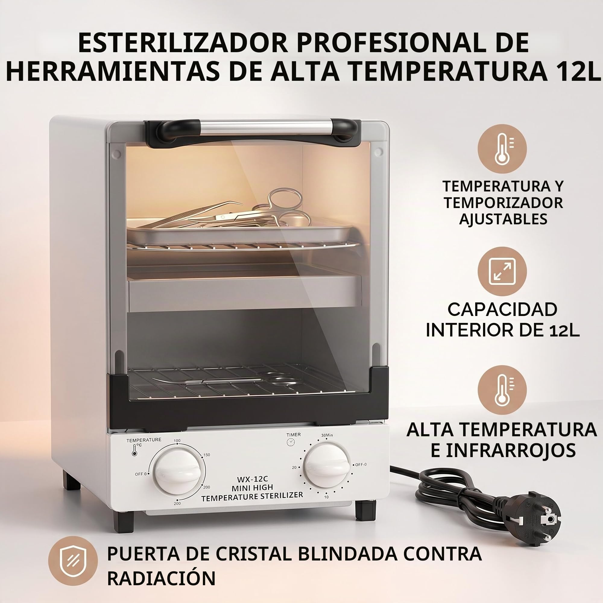 Esterilizador de Aire Caliente, Esterilizador de Aire Caliente de 12 L, Esterilización a Alta Temperatura, Esterilizador Autoclave de Vapor para Instrumentos, Cosméticos,