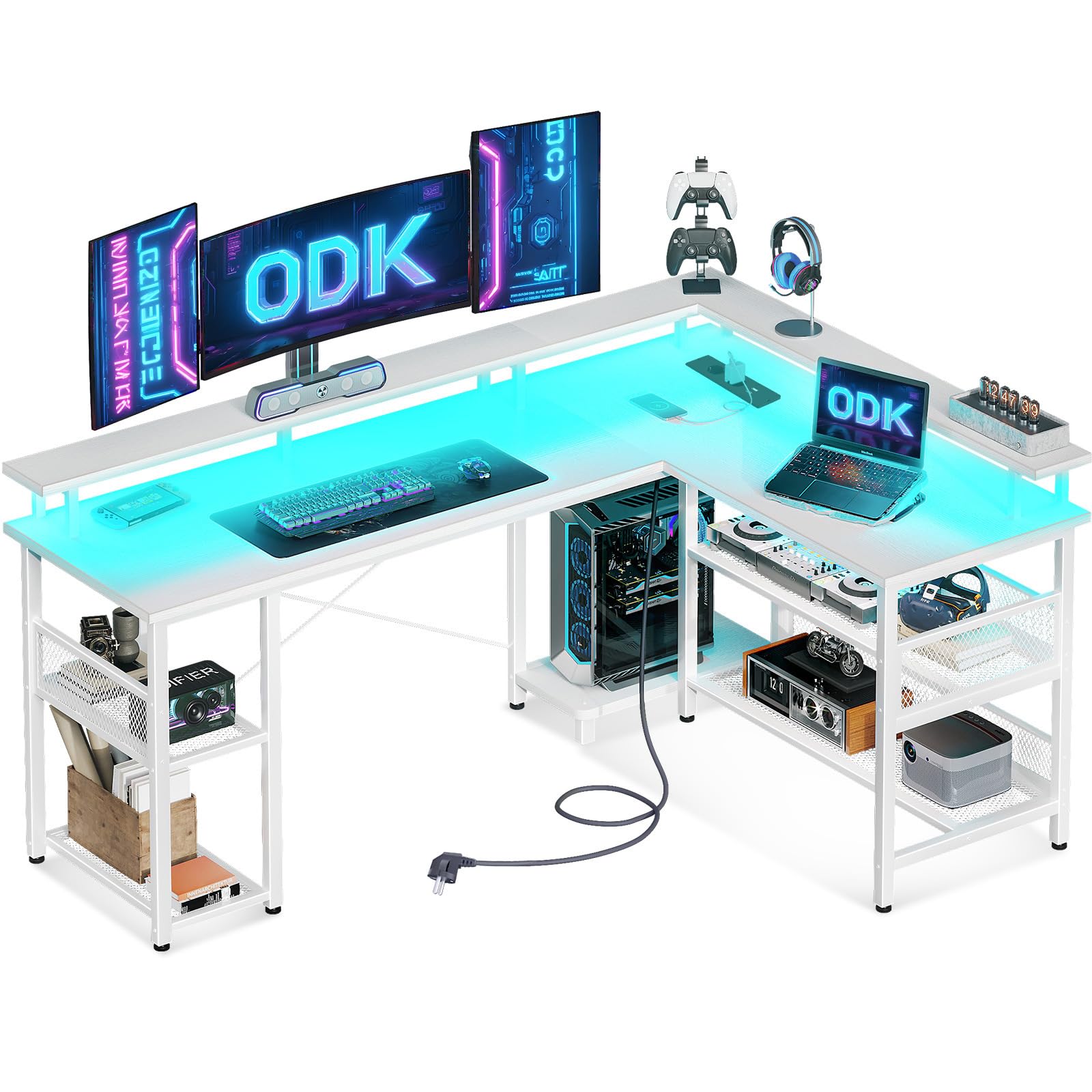 ODK Mesa Gaming con LED, Escritorio Gaming Reversible con 2 Enchufes y 2 Puertos USB, Escritorio Esquinero Grande con Estante de Malla, Blanco 168×120cm
