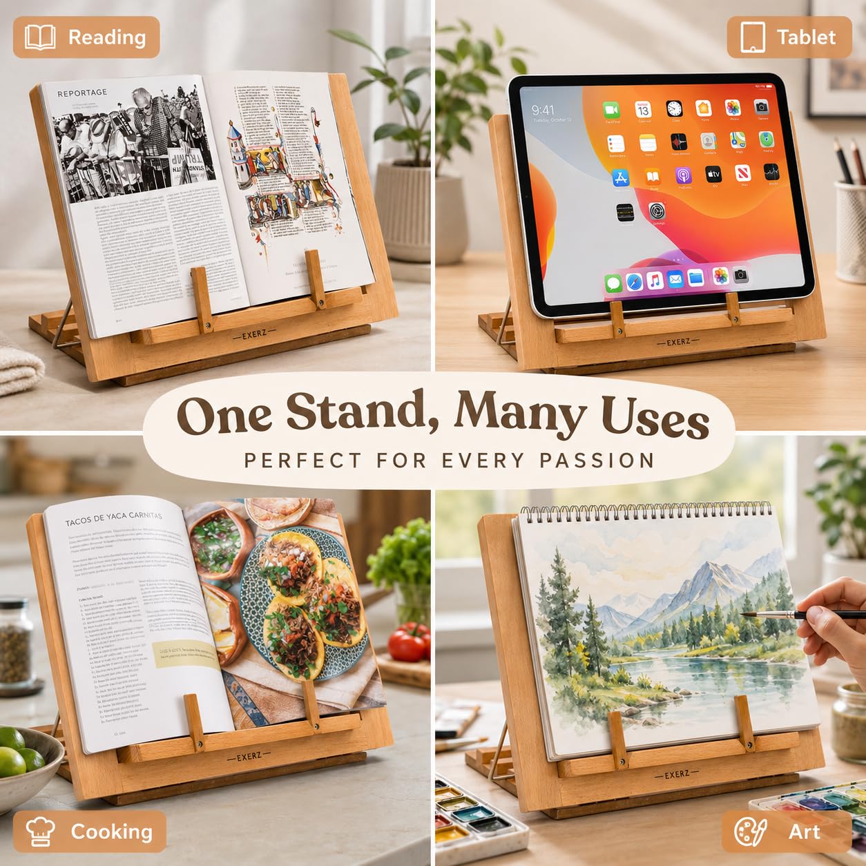 Exerz Leggio in Legno da Riposo per Libri e Ricattari – Qualità Premium/Regolabile/Ideale per Libri iPad Tablet – 34 x 24 x 2 cm (Di legno)