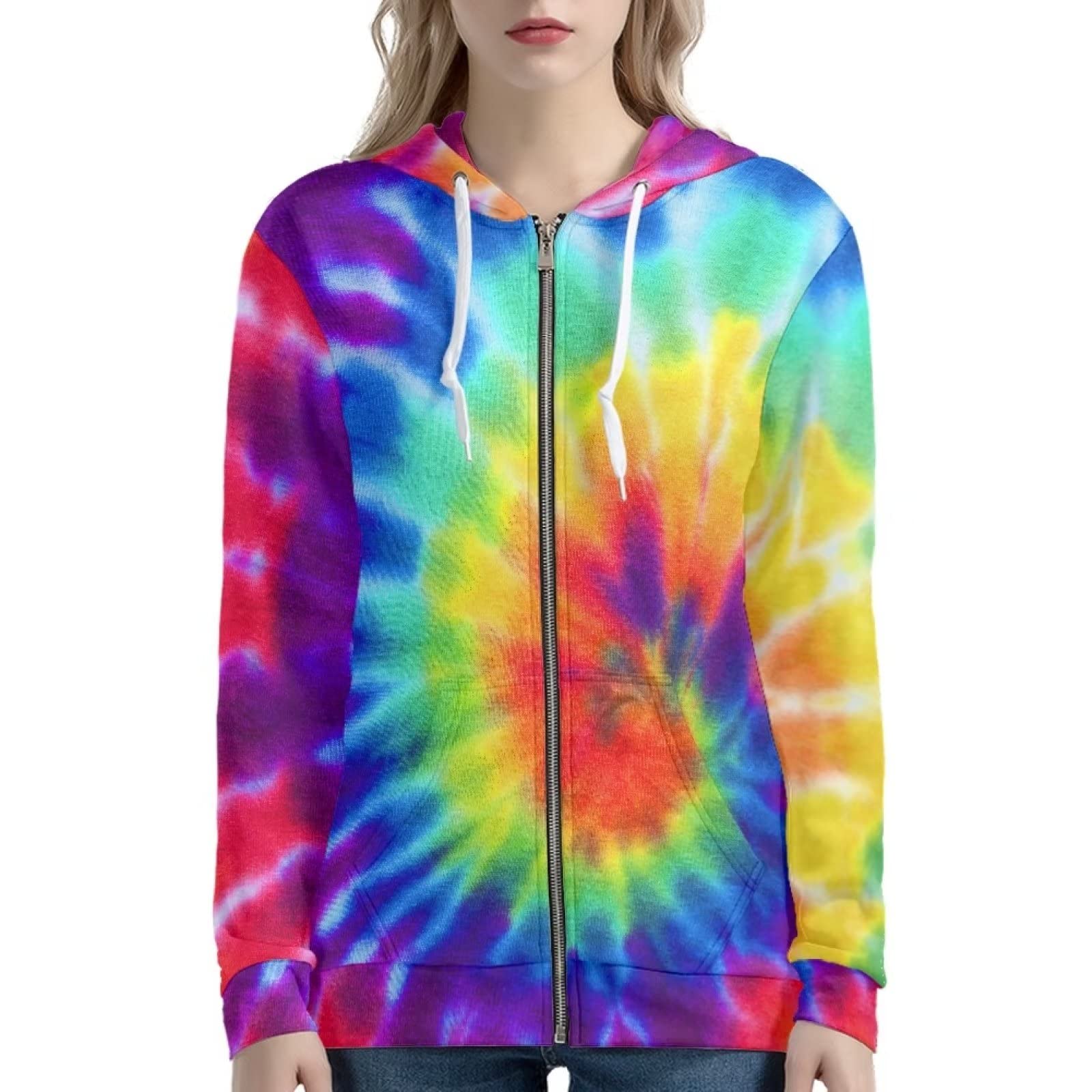 Xoenoiee Damska bluza z kapturem z grafiką 3D na zamek błyskawiczny z kieszeniami, ponadwymiarowa bluza z kapturem ze sznurkiem, Tęczowy kolor barwnik krawat, M