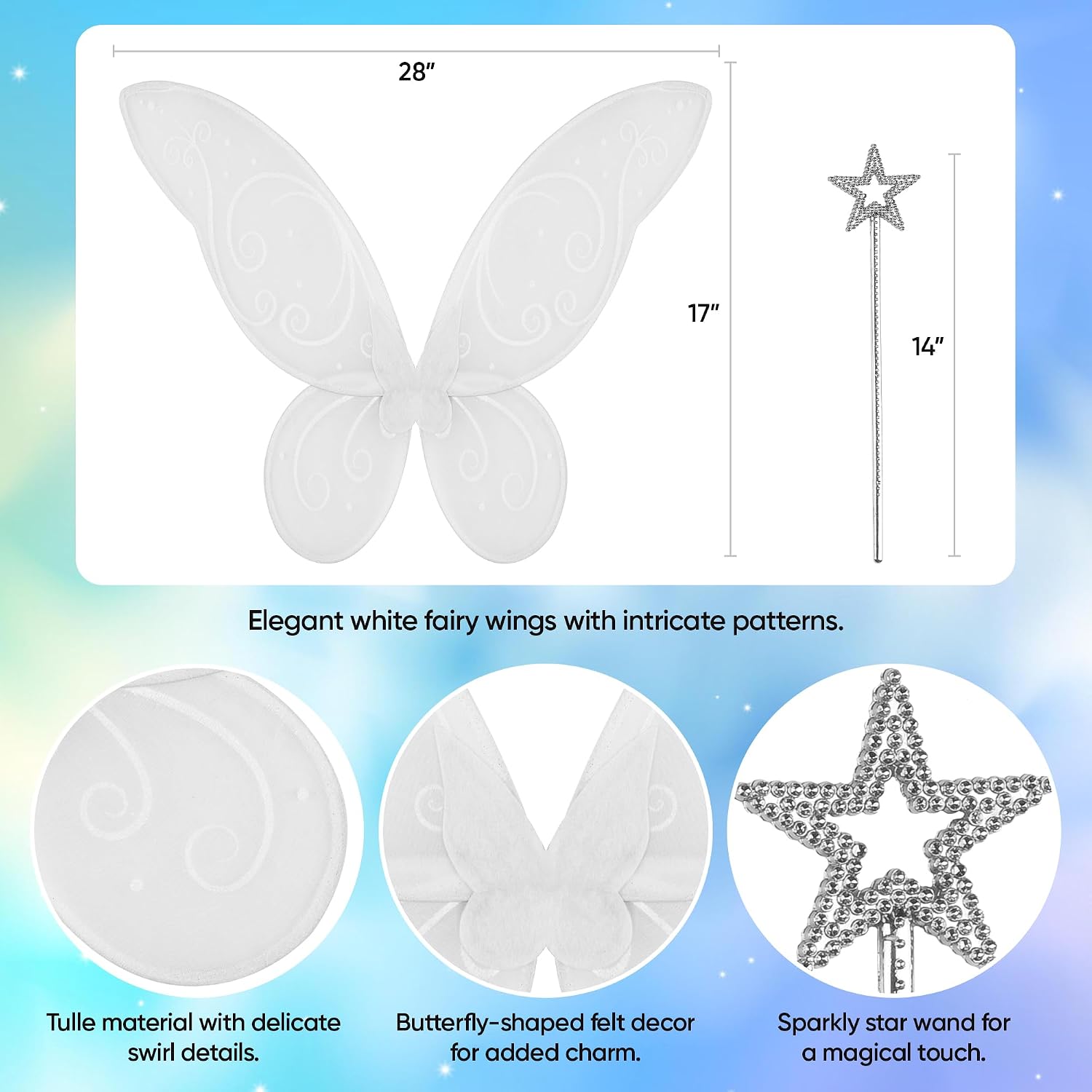 Funcredible White Costume Wings, Star Wand & Glitter – Adult Halloween & Festival Cosplay Accessory Set
