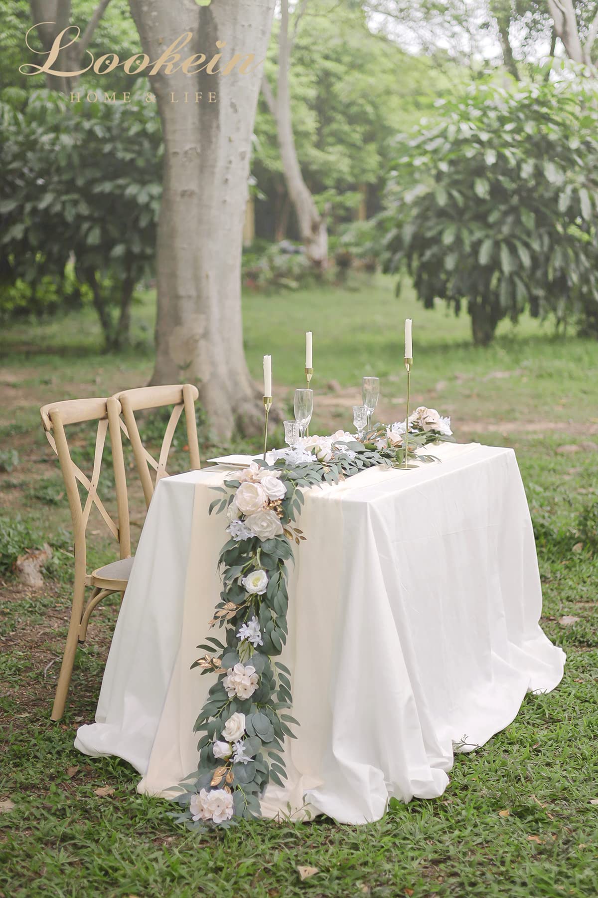 Lookein Blumengirlande, Eukalyptus-Girlande mit Blumen für Hochzeit, Tafelaufsätze für Probe, Abendessen, Brautparty, cremefarben, 1,8 m