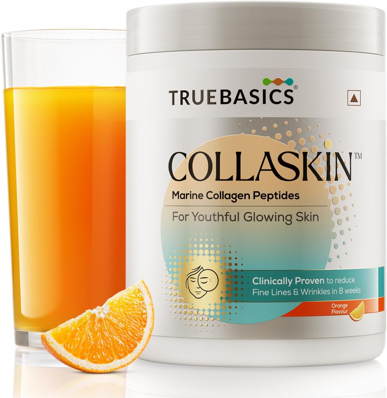 TrueBasics CollaSkin, Marine Collagen Peptides (Orange, 200g) | With Vitamin C, E & Hyaluronic Acid | For Youthful Glowing Skin, Healthy Hair & Nails