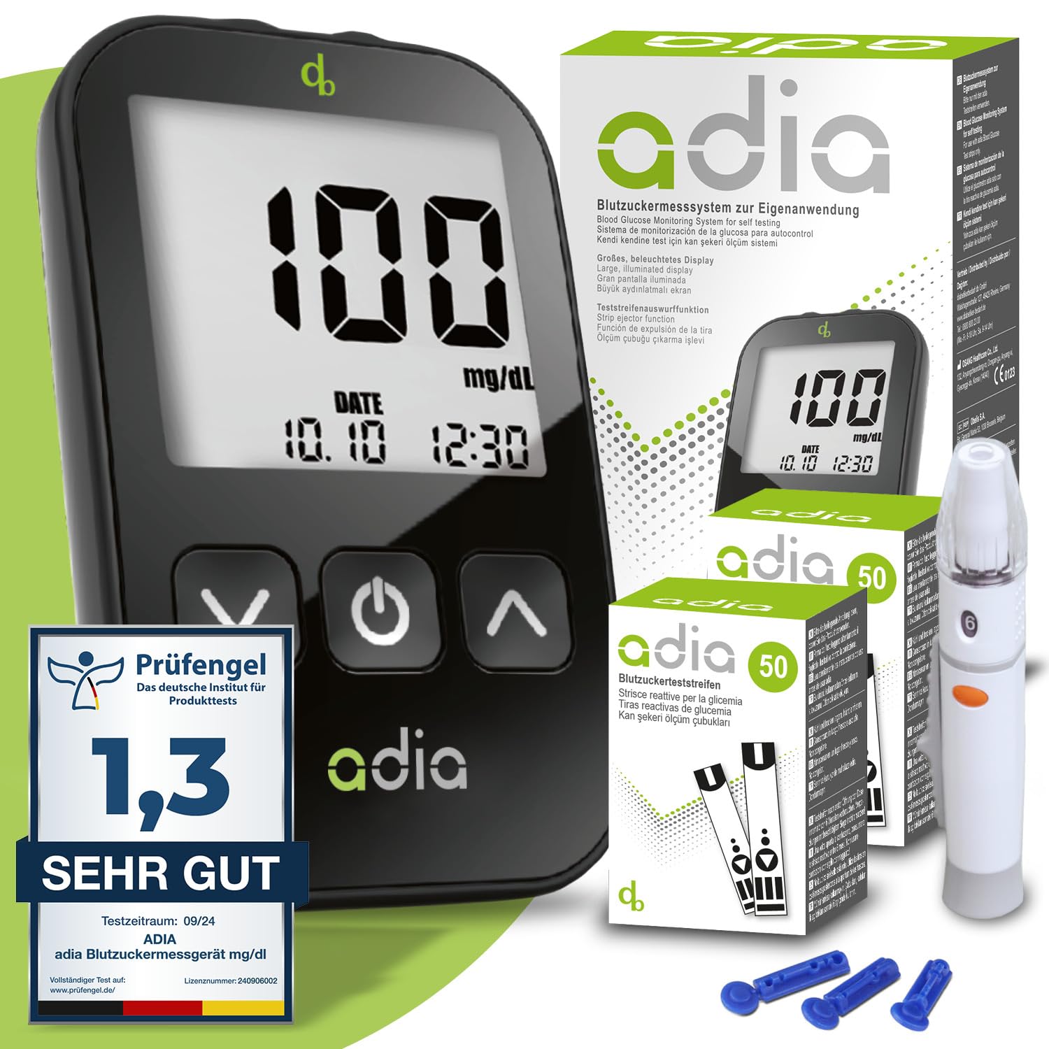 Juego de glucómetro adia (mg/dl) que incluye 110 tiras reactivas de glucosa en sangre, dispositivo de punción, 10 lancetas, diario y bolsa