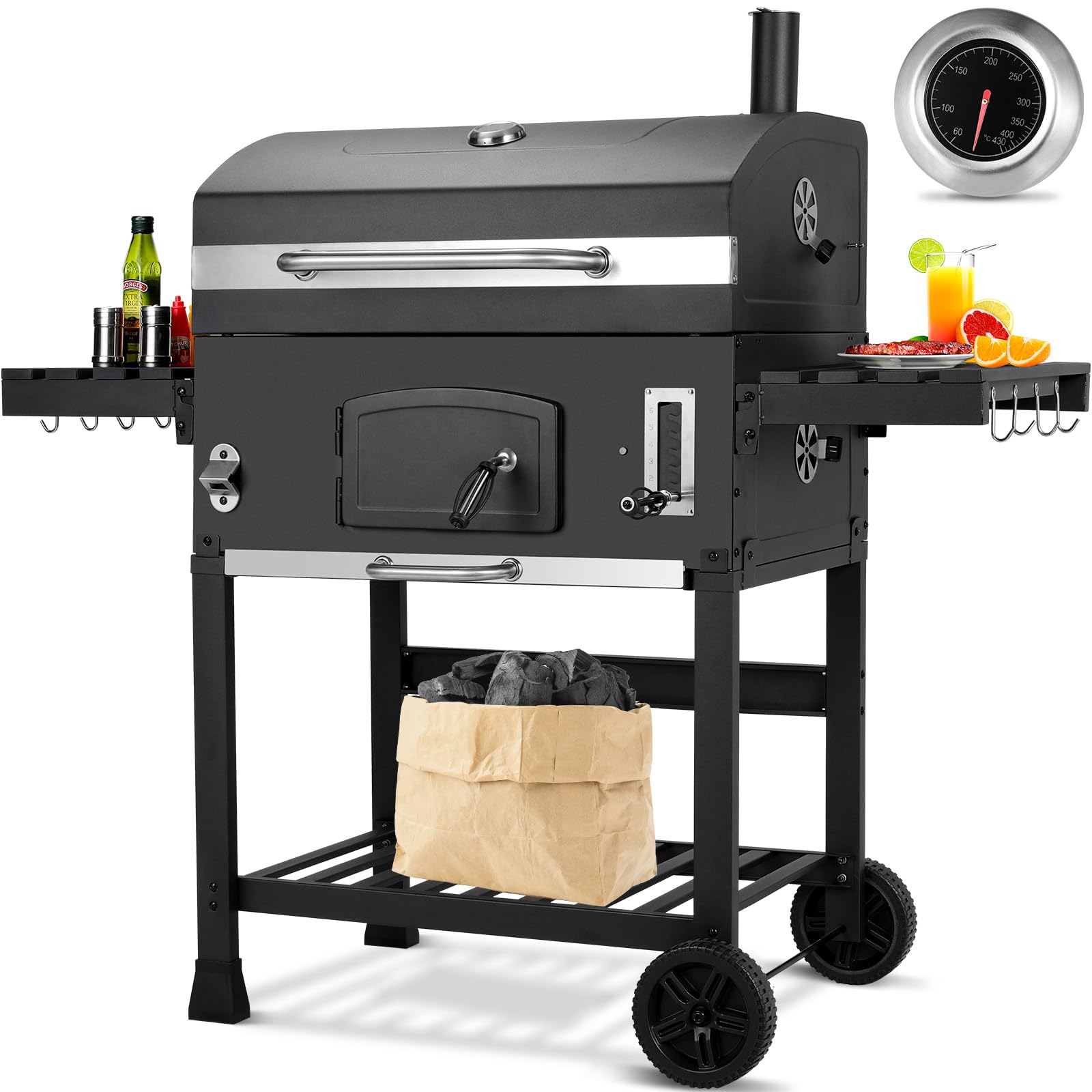 LIFERUN Barbecue Charbon de Bois XXL avec Cheminée, Grand Chariot avec Couvercle, Roues, Thermomètre, Fumoir Smoker