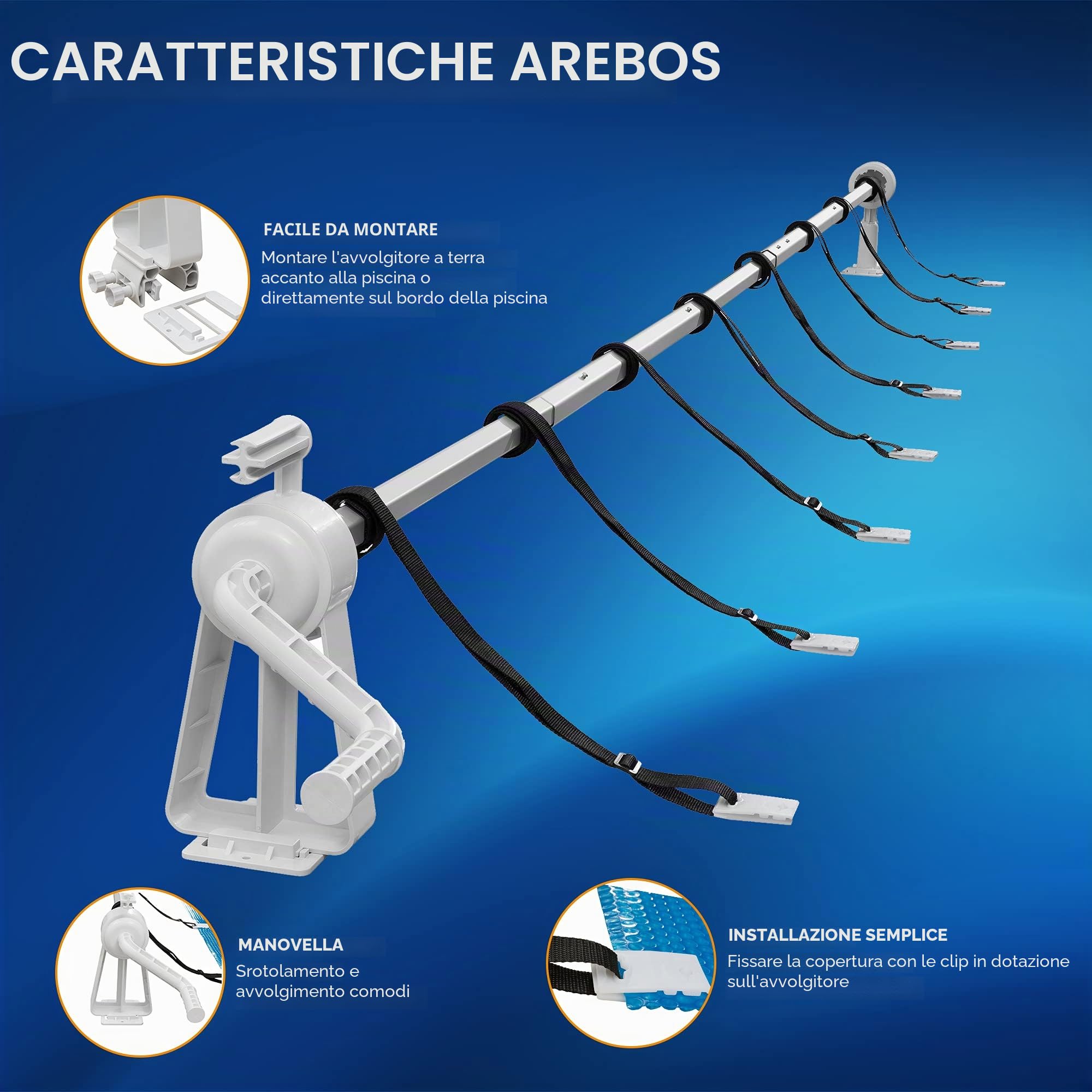 AREBOS Sistema di avvolgimento per teloni solari e Piscine | Lunghezza di 1,05 – 6,15 m | Materiale Resistente alle intemperie | per Il Montaggio Fisso | Adatto Anche per Piscine da Terra