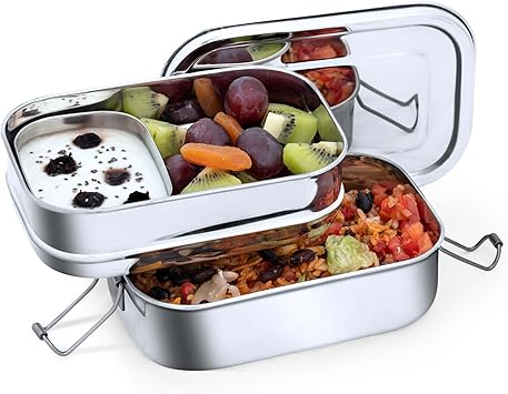 – 3 Tier Stainless Steel Lunch Box with Snack Pod 6"x4.5"x4", 3.5 Cups Food Capacity Leak Resistant Bento Box with Strong Latches – Stainless Steel Lunch Box BPA Free & Dishwasher Safe