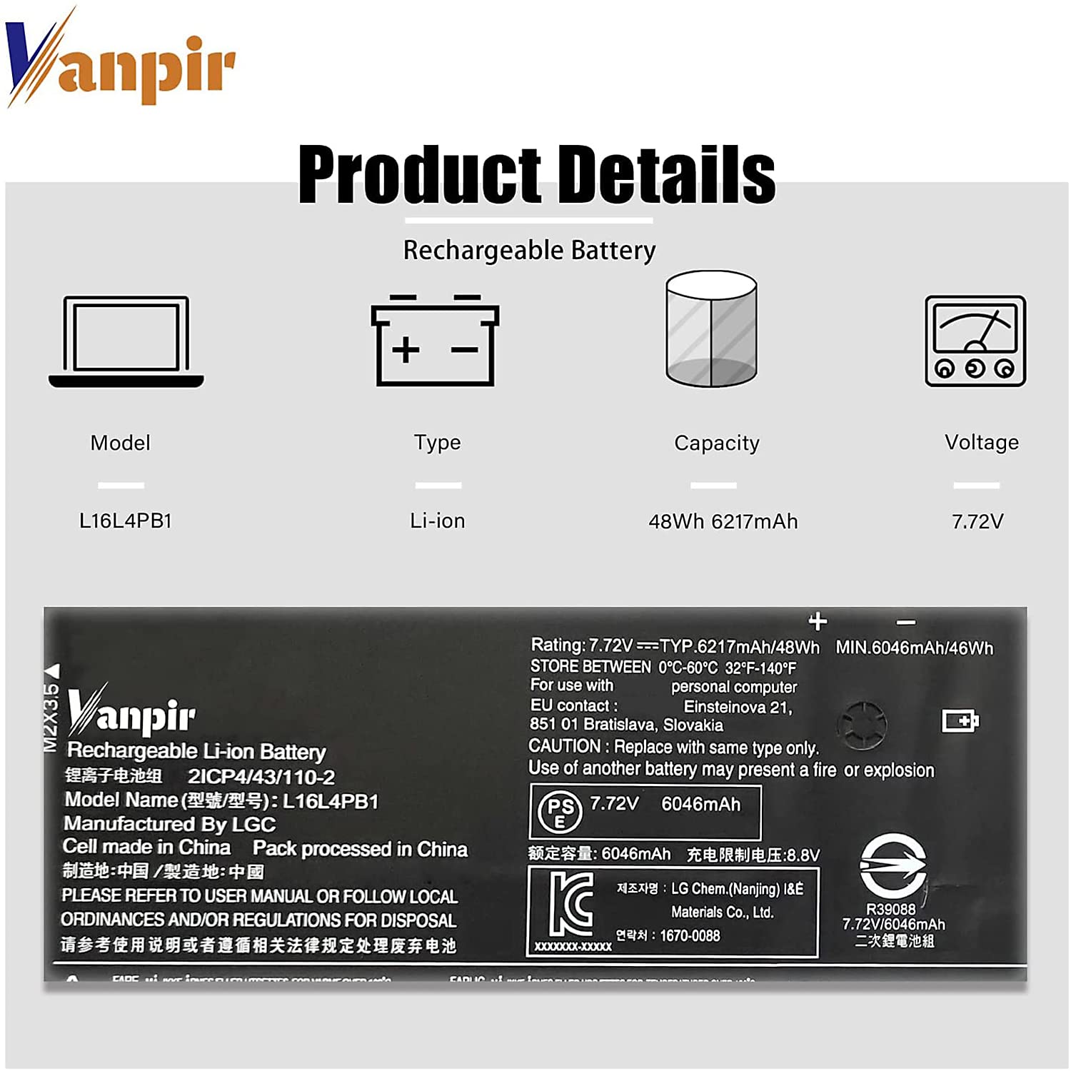 VANPIR L16L4PB1 L16C4PB1 L16M4PB1 Laptop Battery Compatible with Lenovo Yoga 720-13IKB 730-13IKB 730-13IWL Series 5B10M52738 5B10M52739 5B10M52740 7.72V 48Wh 6217mAh
