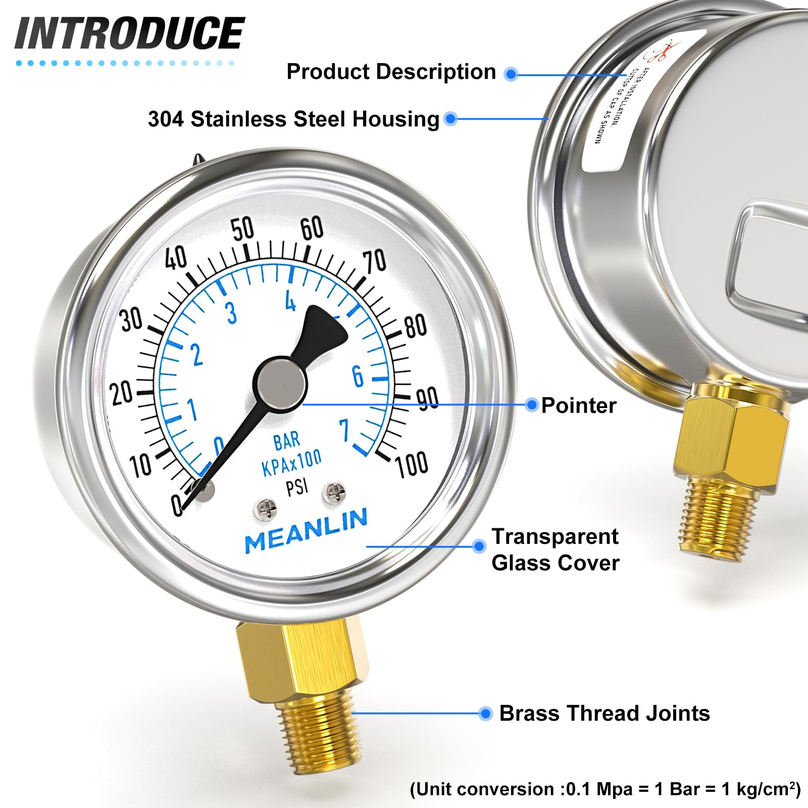 Stainless Steel Pressure Gauge - 0-100PSI Waterproof -4
