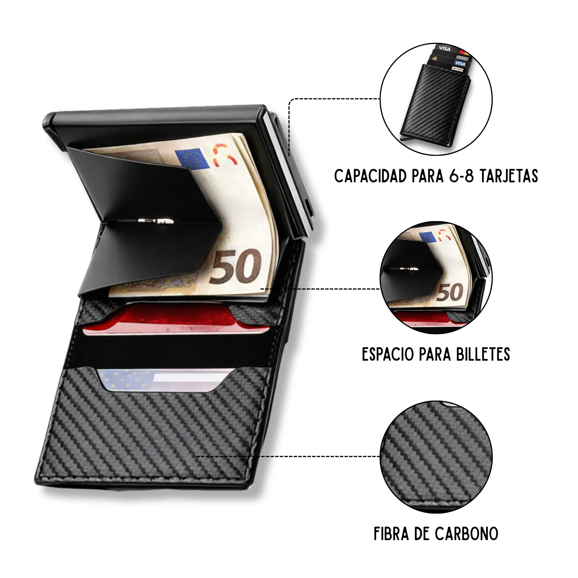 Cruban Cartera Minimalista Hombre RFID – Tarjetero Pop Up de Fibra de Carbono, Slim Wallet con Acceso Rápido para Tarjetas, Cartera Inteligente Antirrobo con Clip para Billetes — view 2